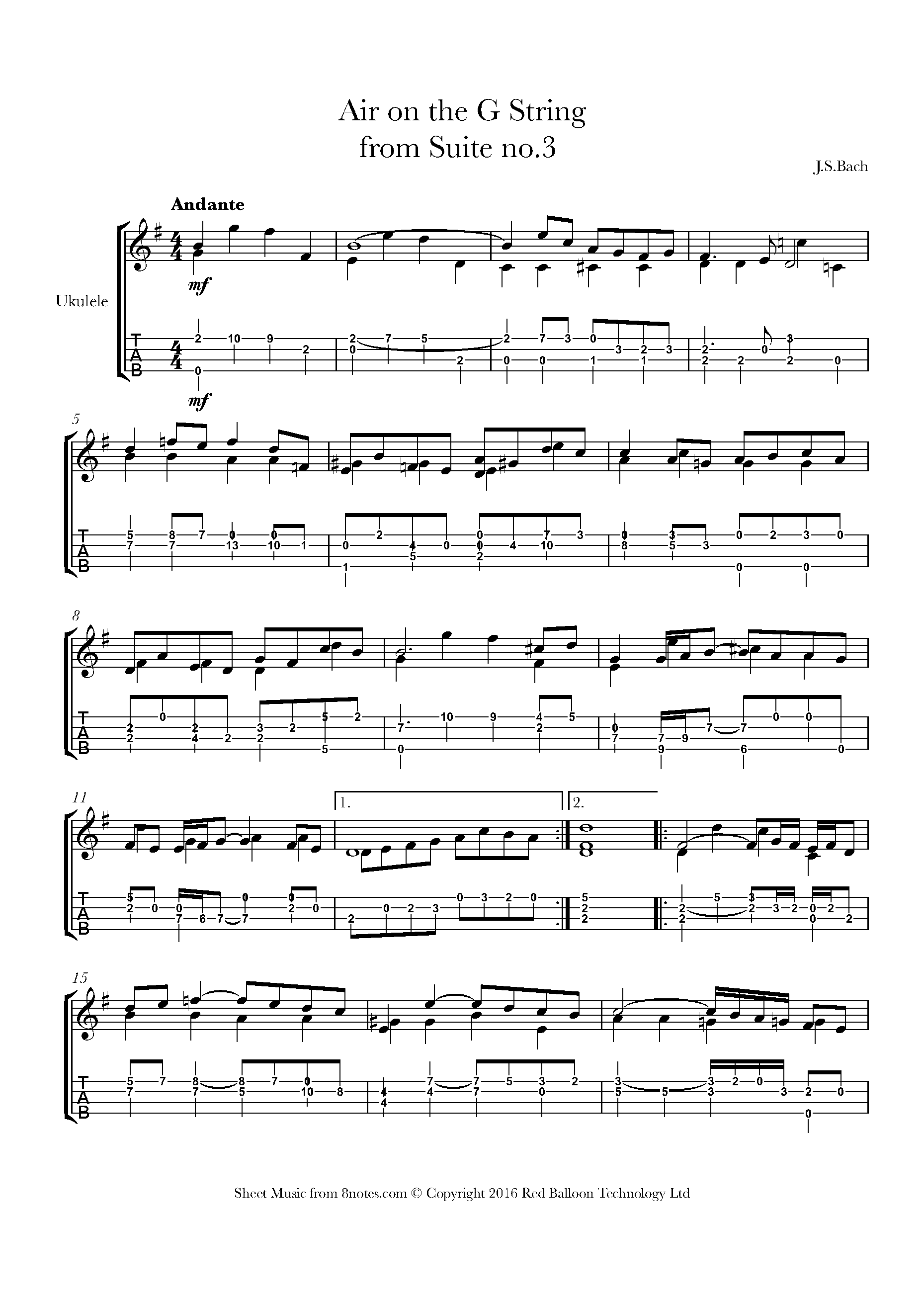 Bach Johann Sebastian Air on the G string for Ukulele Free Sheet music for Ukulele 8notes