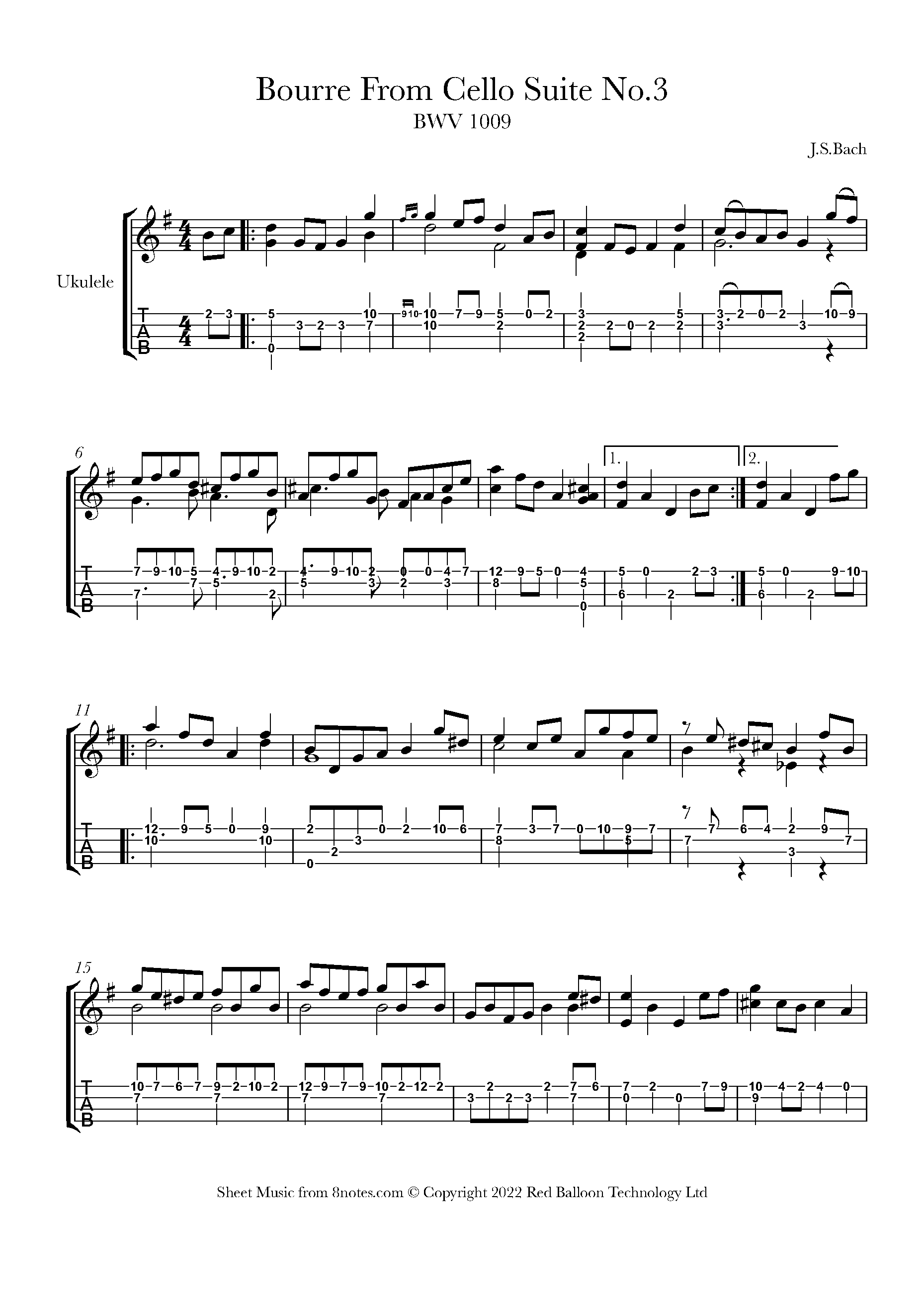 Bach Bourree BWV 1009 from Cello Suite No.3 Sheet music for Ukulele