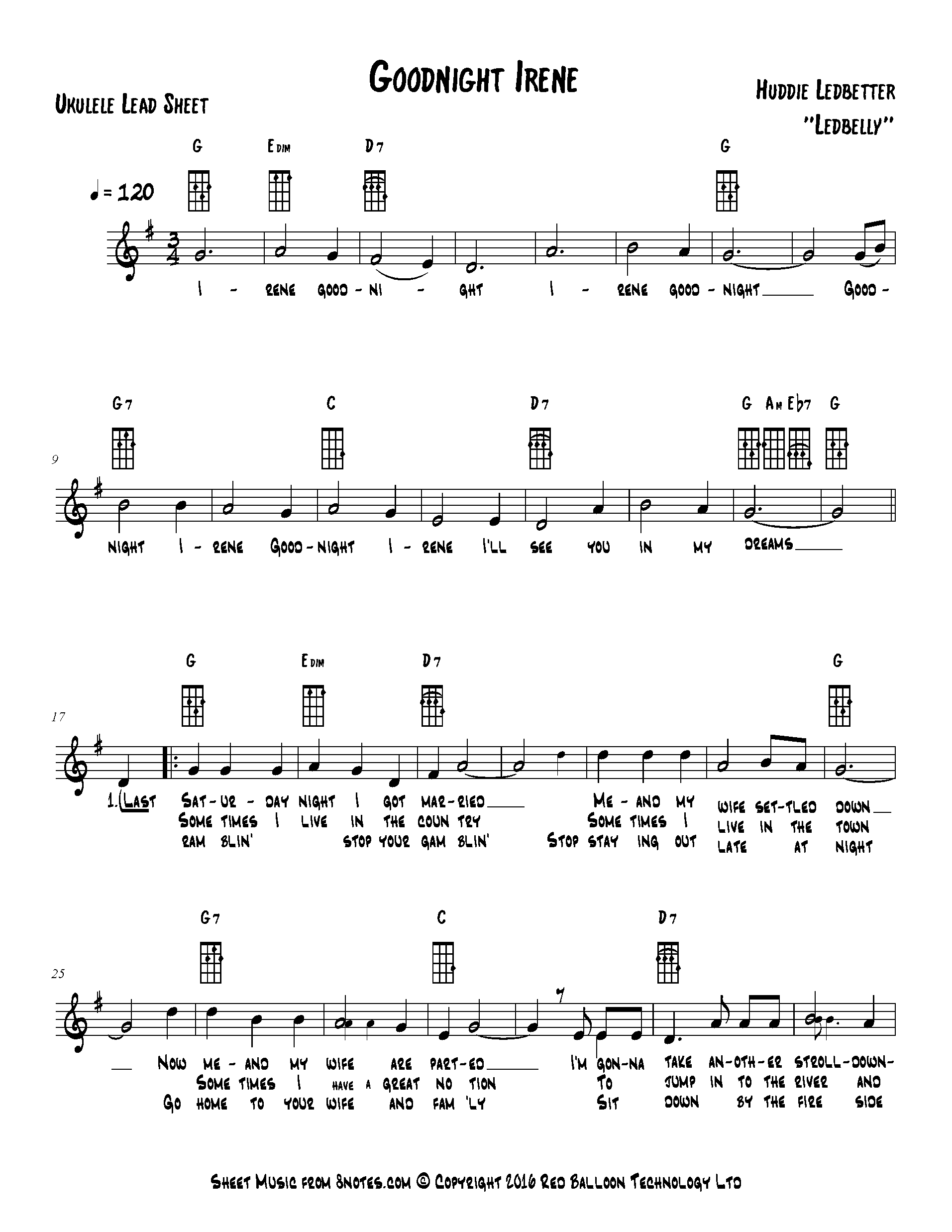 Leadbelly Goodnight, Irene Sheet music for Ukulele Lead Sheets