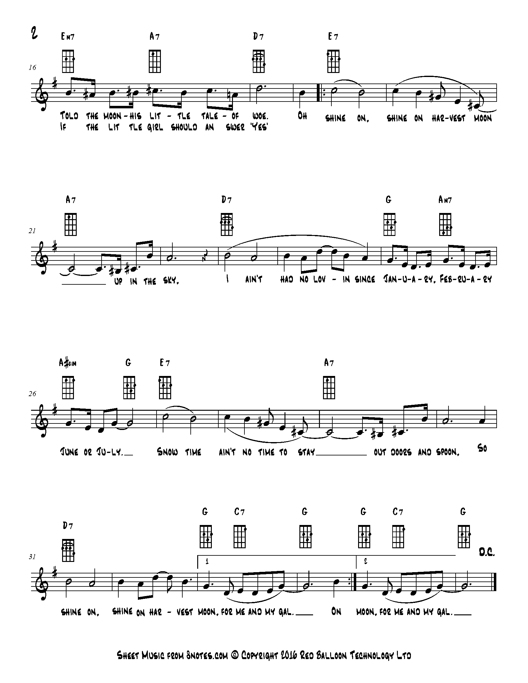 Jack Norworth Shine on Harvest Moon Sheet music for Ukulele Lead