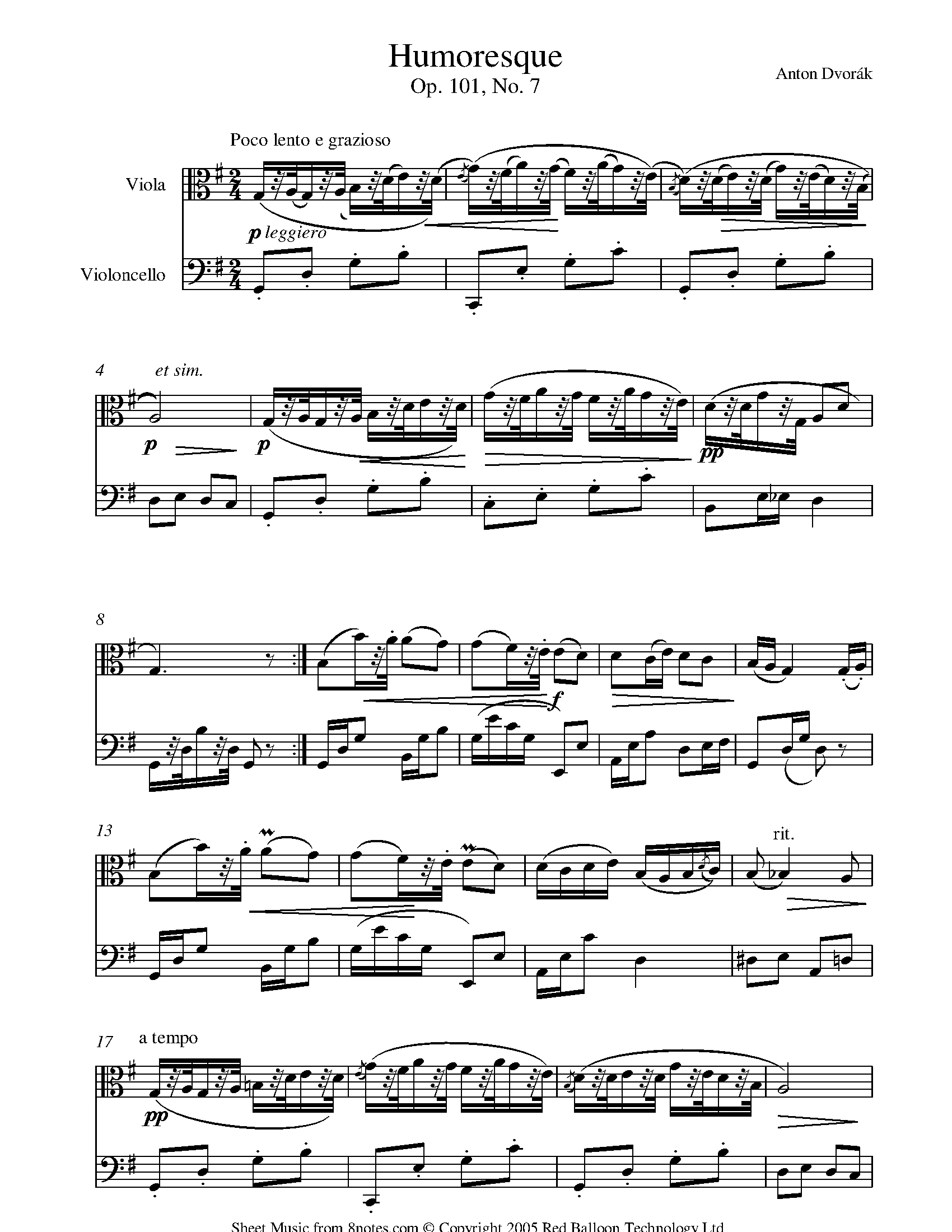 ﻿Dvořák Humoresque Sheet music for ViolaCello Duet