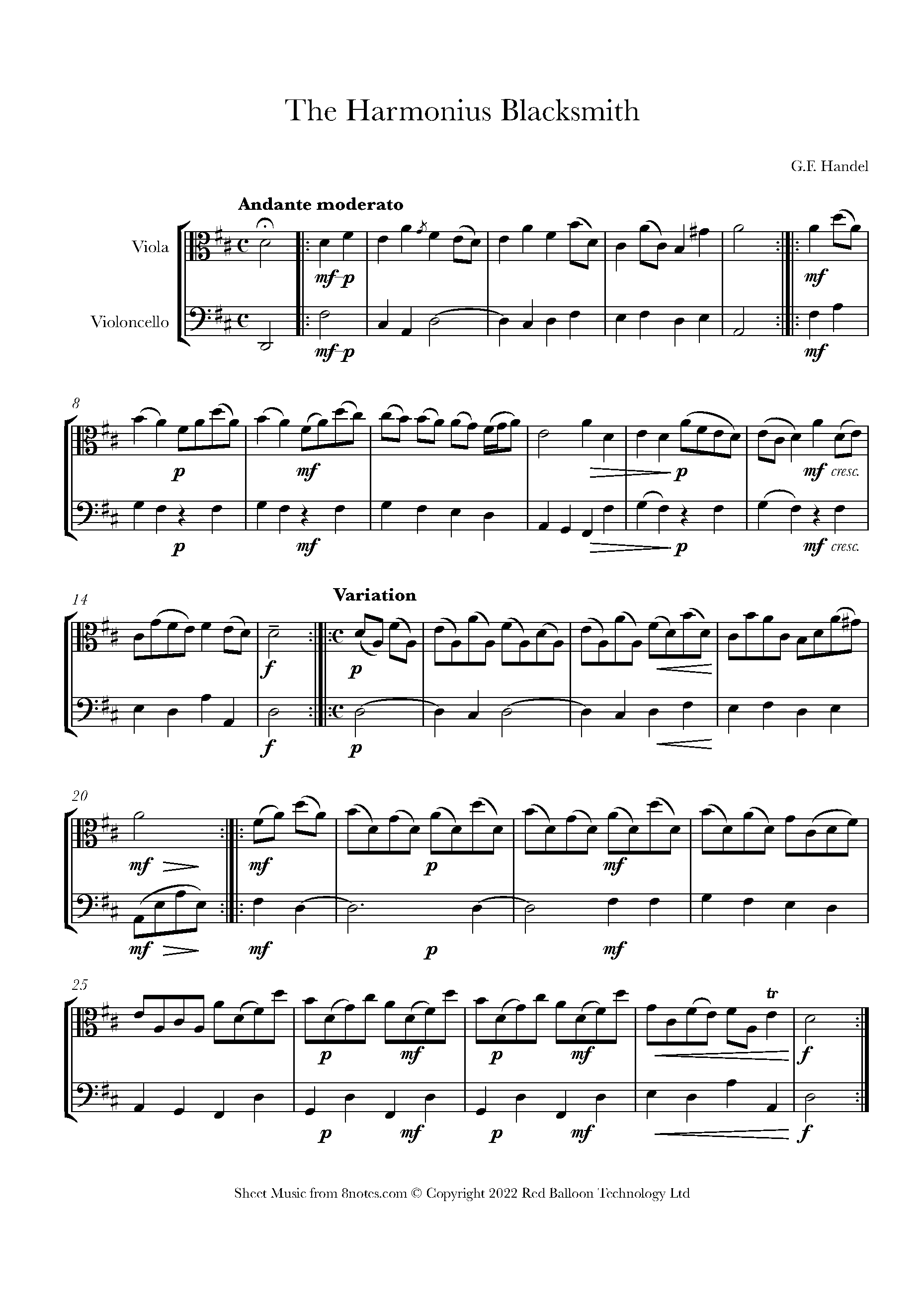 Handel Harmonius Blacksmith Sheet music for ViolaCello Duet