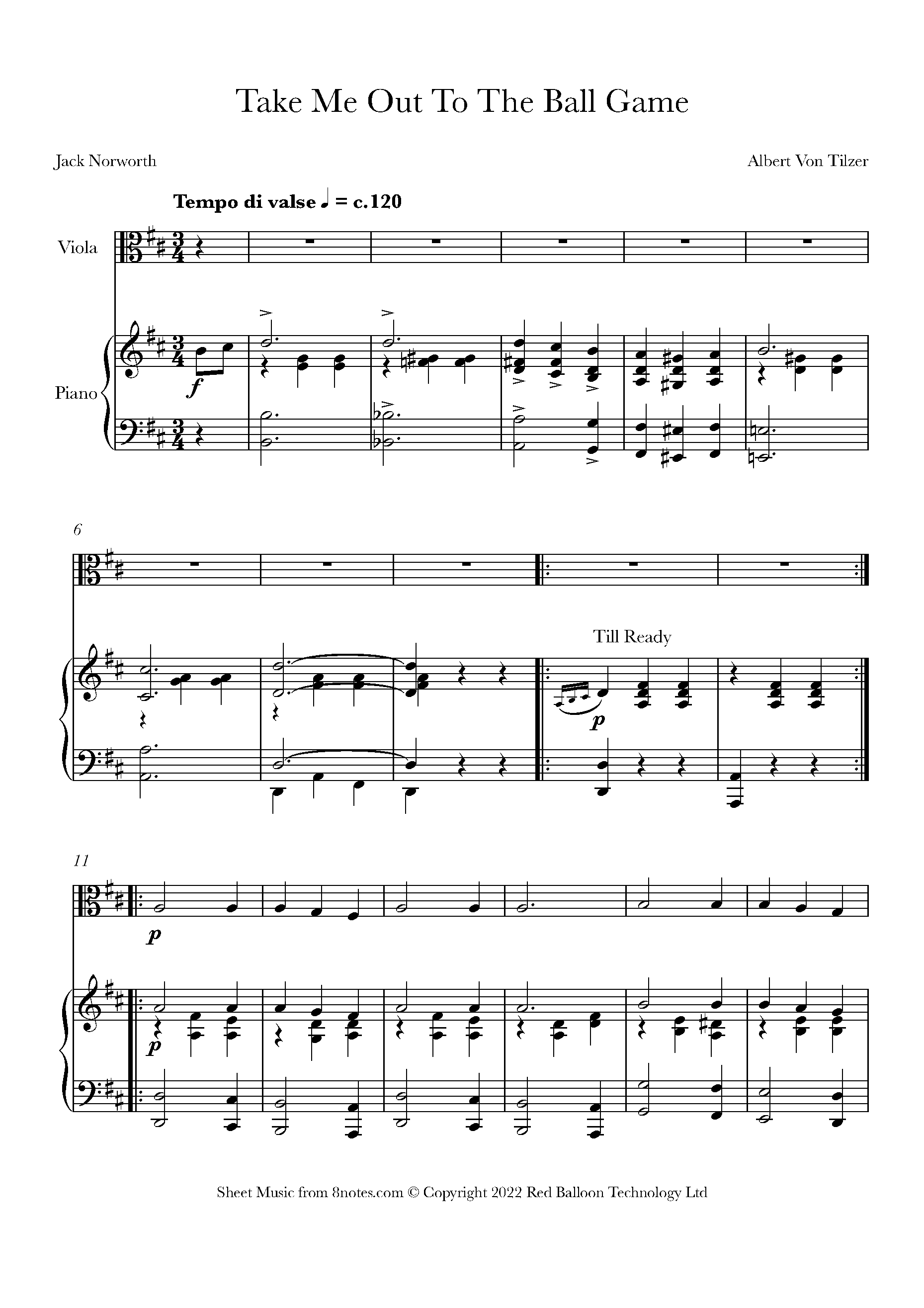 Albert von tilzer take me out to the ball game sheet music for viola