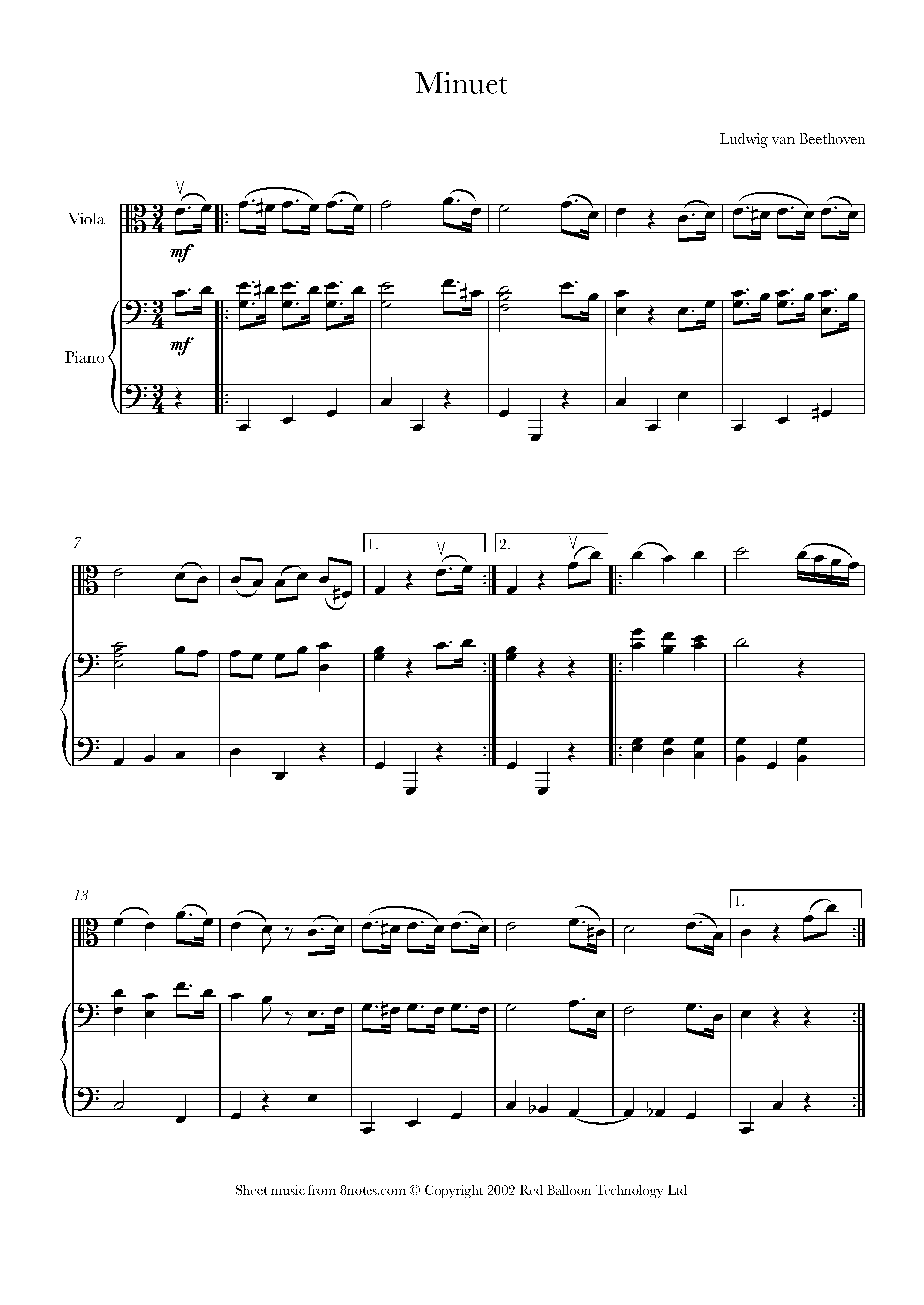 Beethoven Ludwig van Minuet in G for Viola Free Sheet music for Viola 8notes
