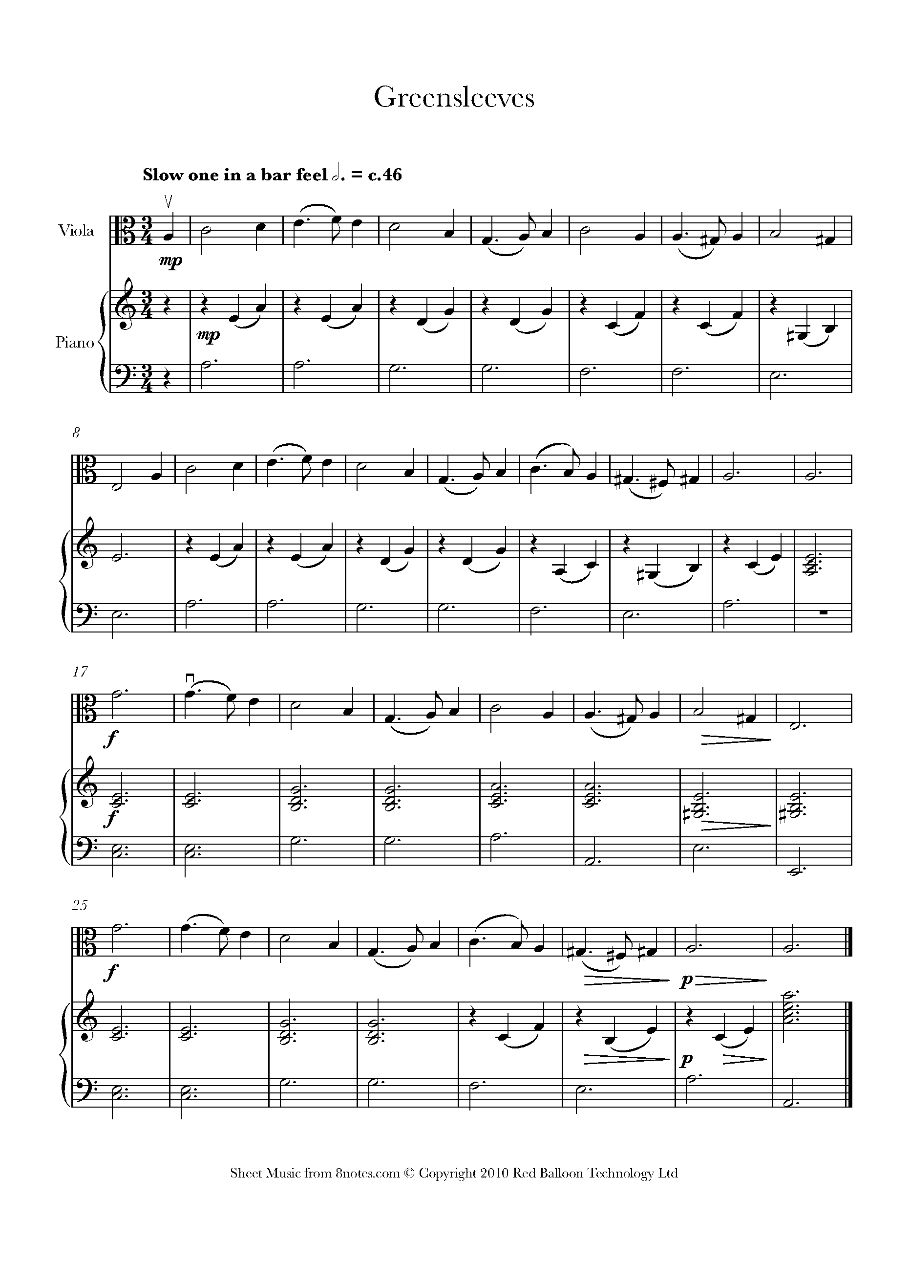 Greensleeves Sheet music for Viola