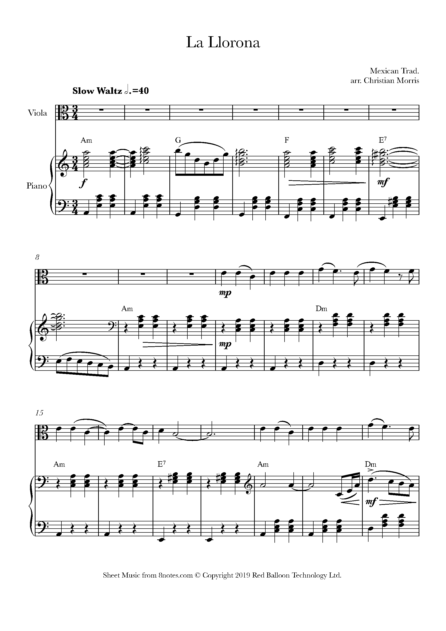 La Llorona (Mexican Traditional Song) Sheet music for Viola