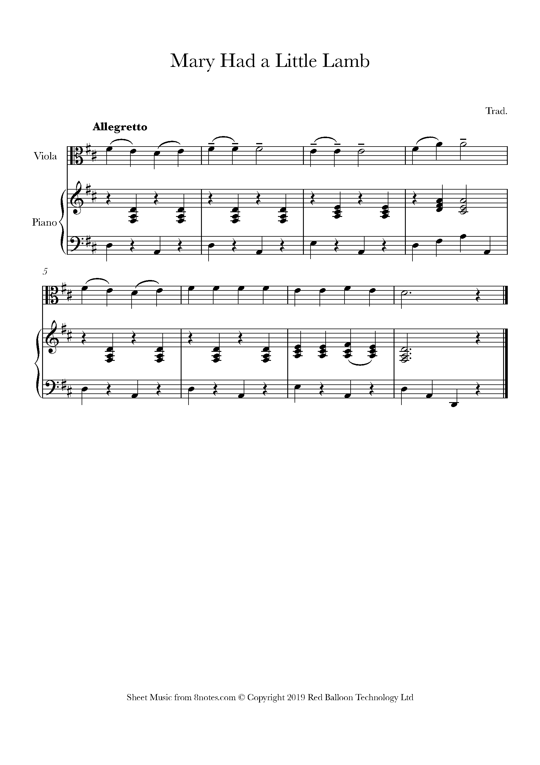 Mary Had A Little Lamb Sheet Music For Viola 8notes