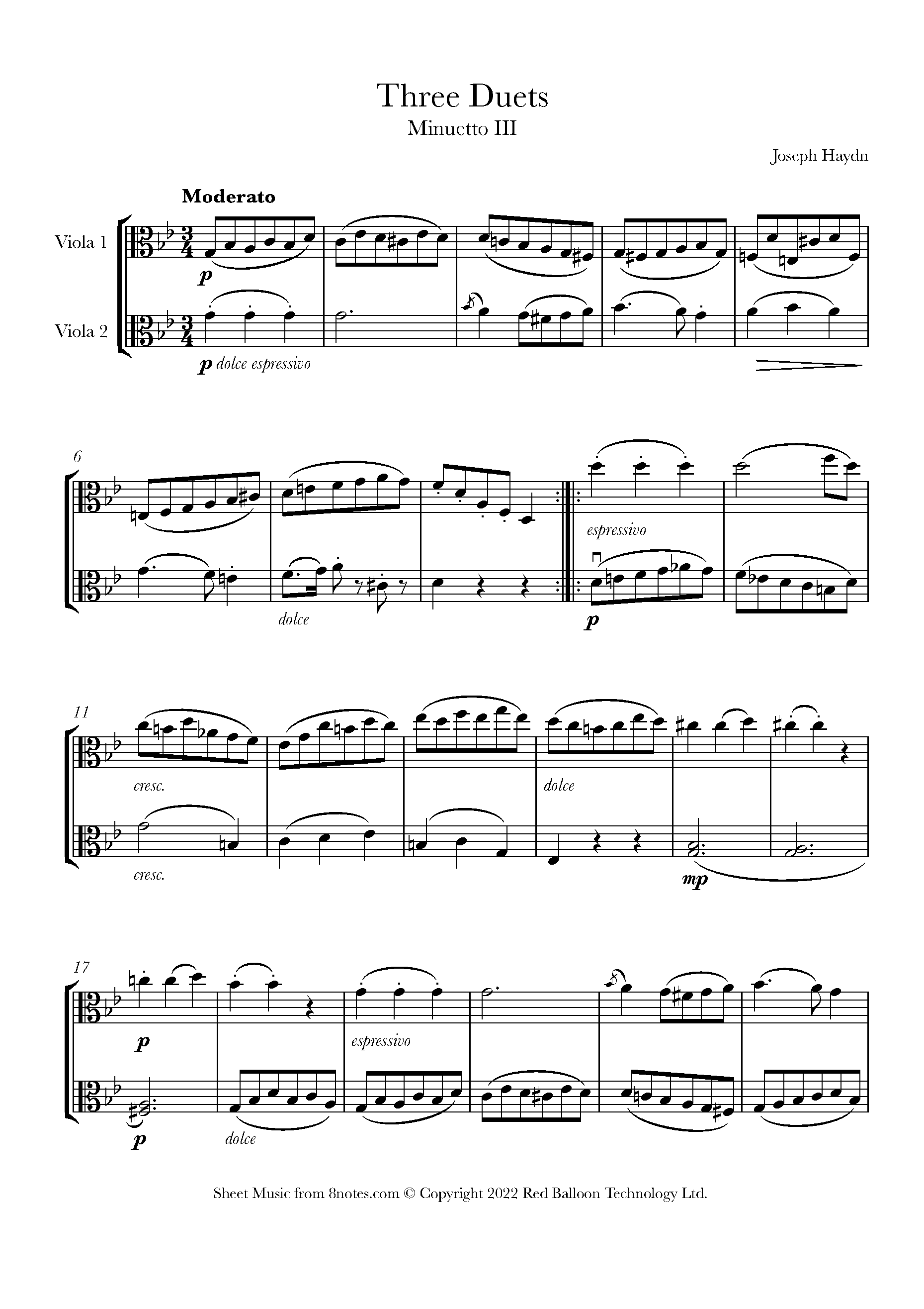 Haydn Three Duets Menuetto 3 Sheet music for Viola Duet