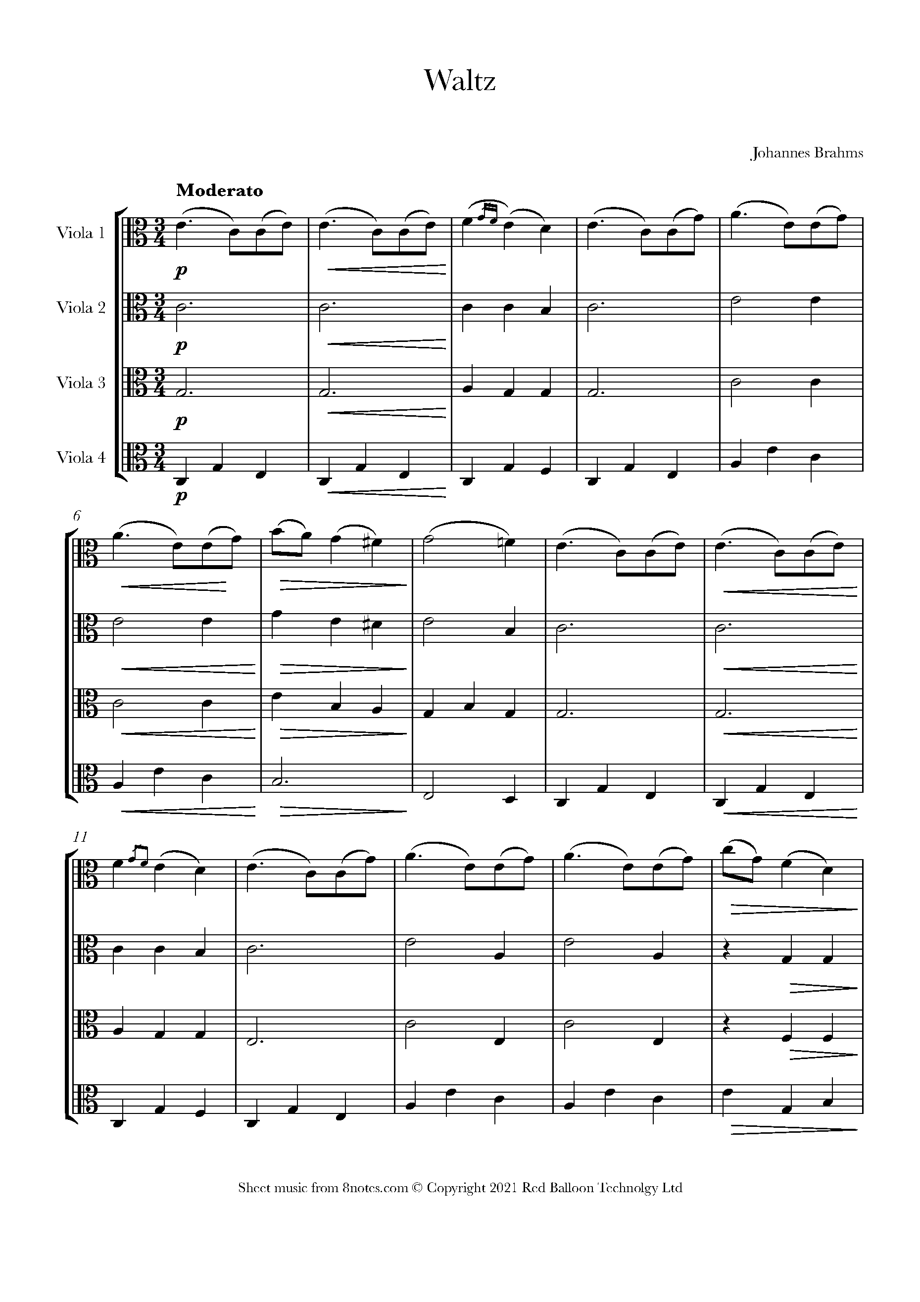 Brahms Waltz Sheet music for Viola Quartet
