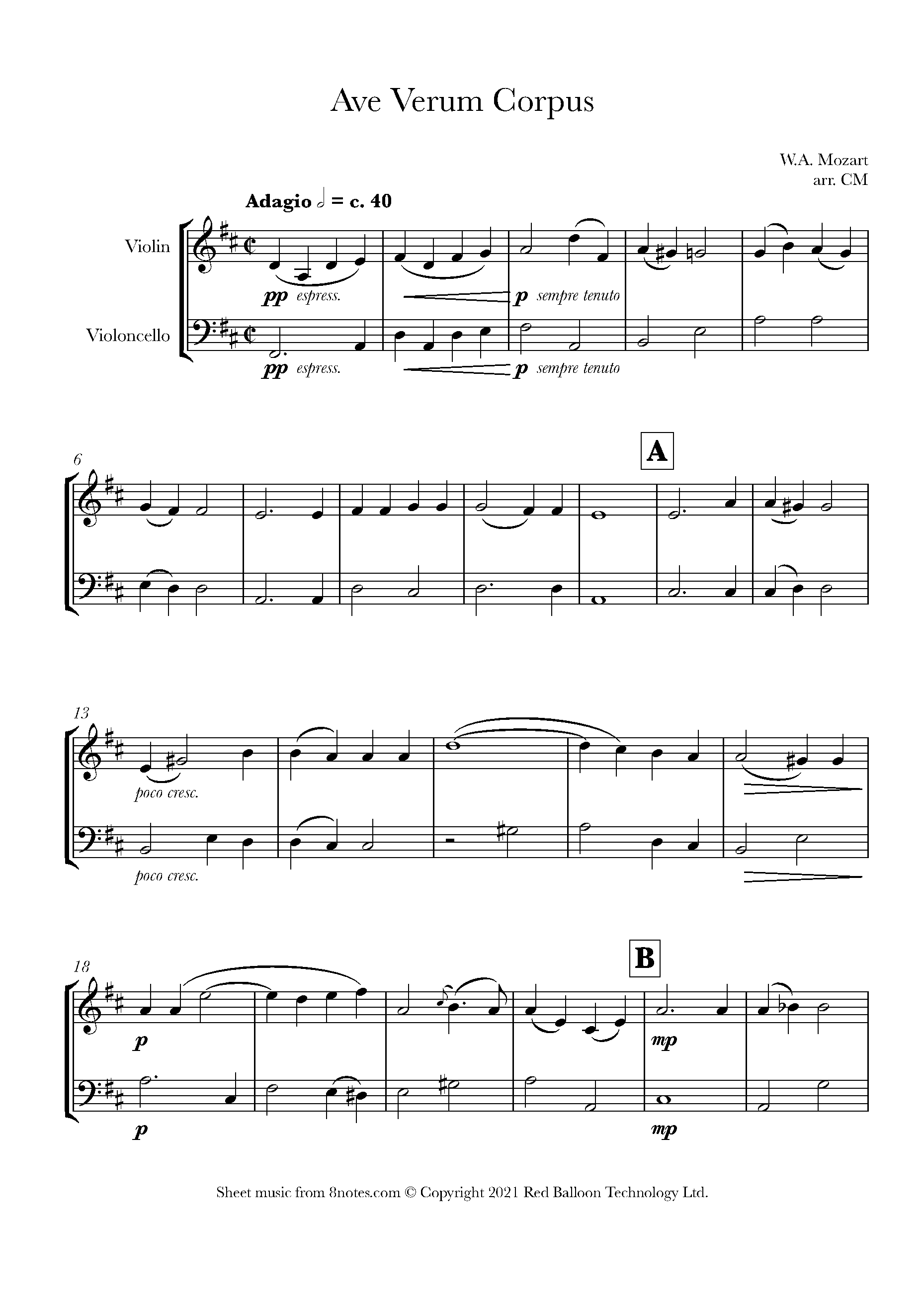 Mozart Ave Verum Corpus Sheet music for ViolinCello Duet