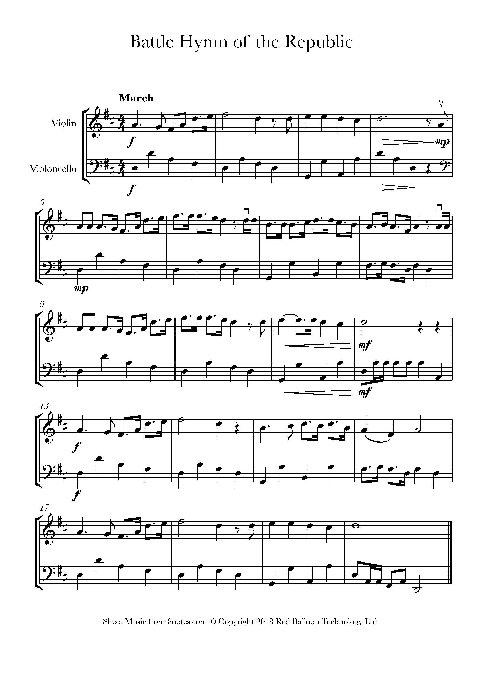Howe The Battle Hymn of the Republic Sheet music for ViolinCello