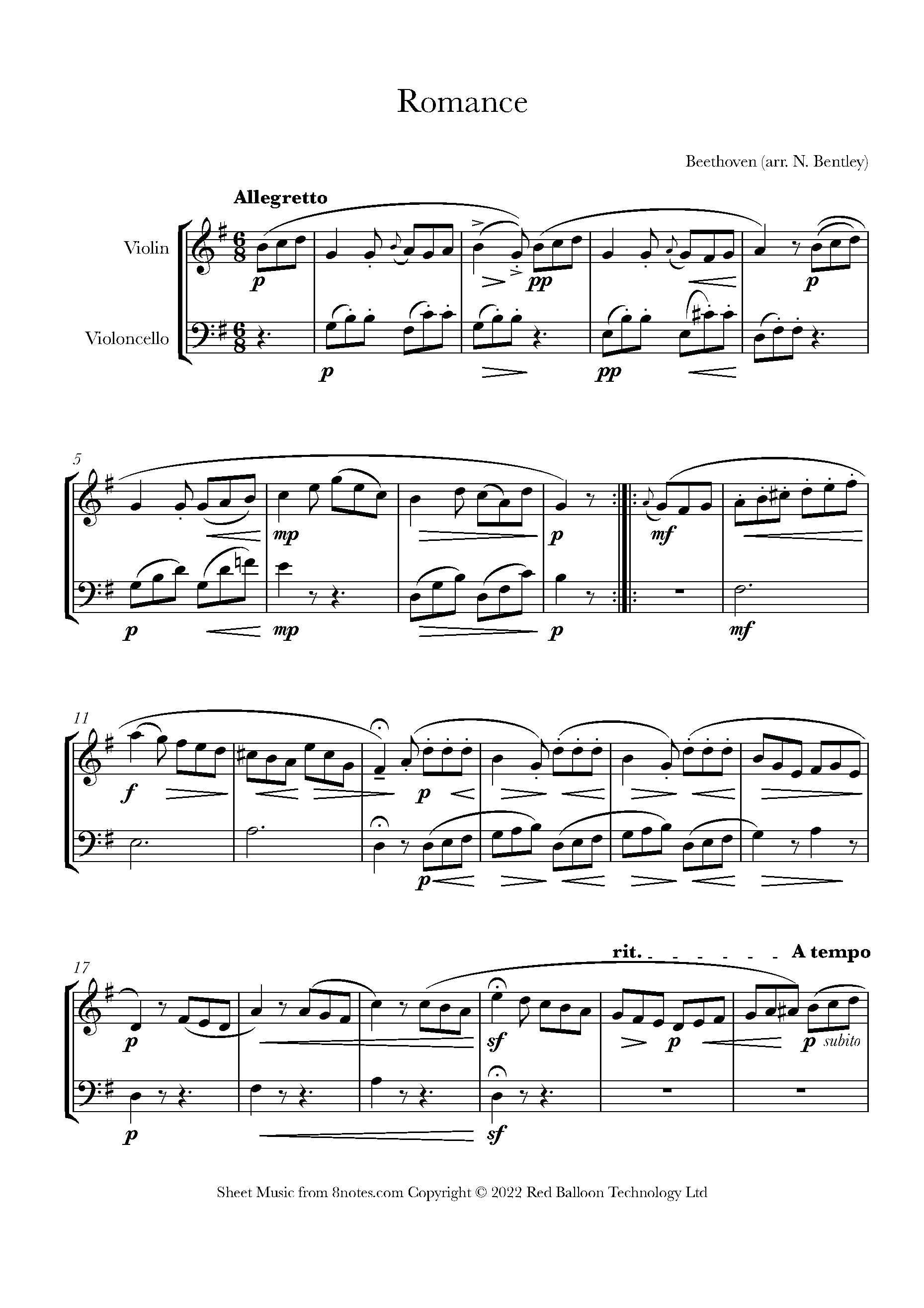 Beethoven romance from sonatina in g sheet music for violin cello