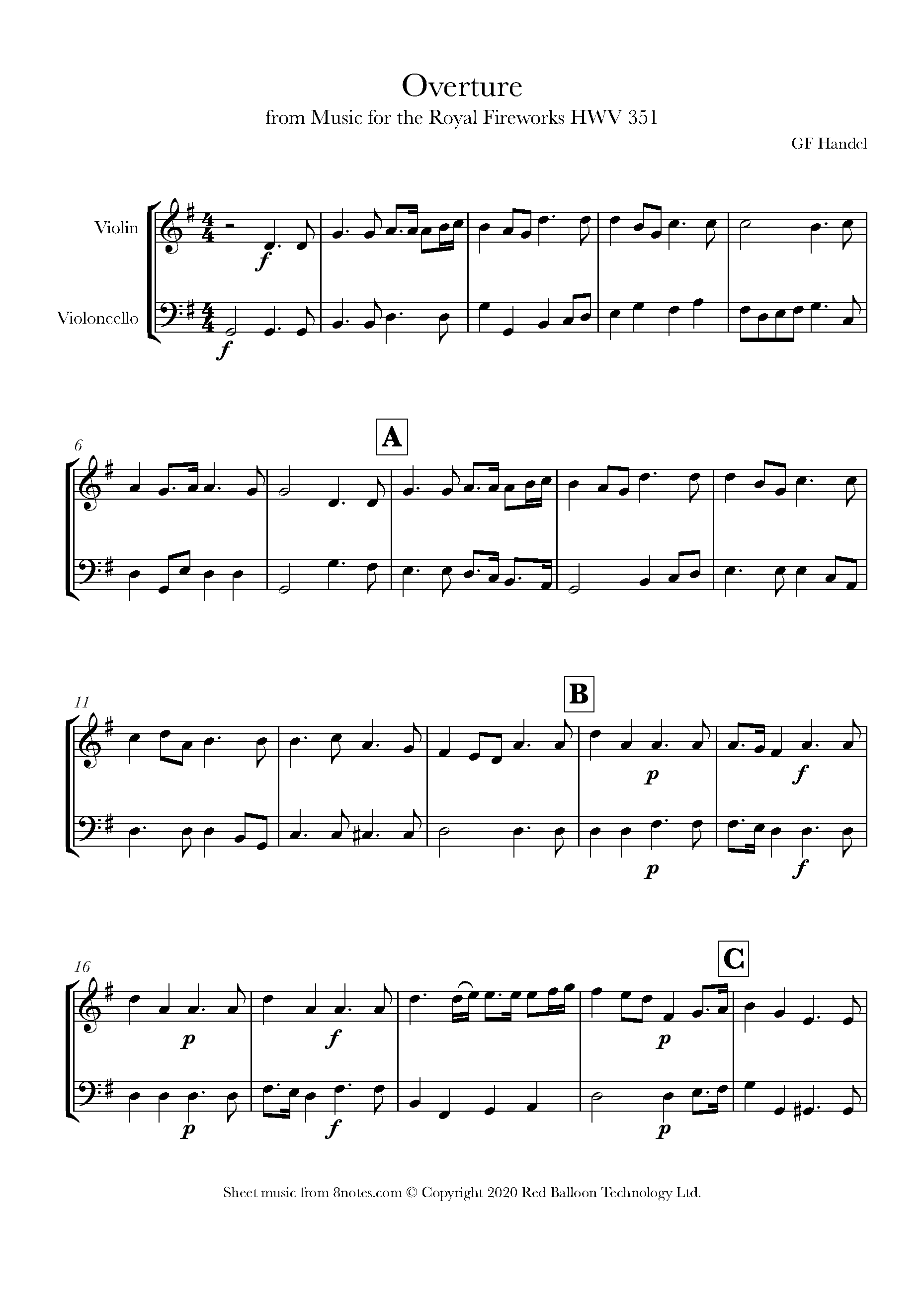 Handel Overture from Music for the Royal Fireworks HWV 351 Sheet music for ViolinCello Duet