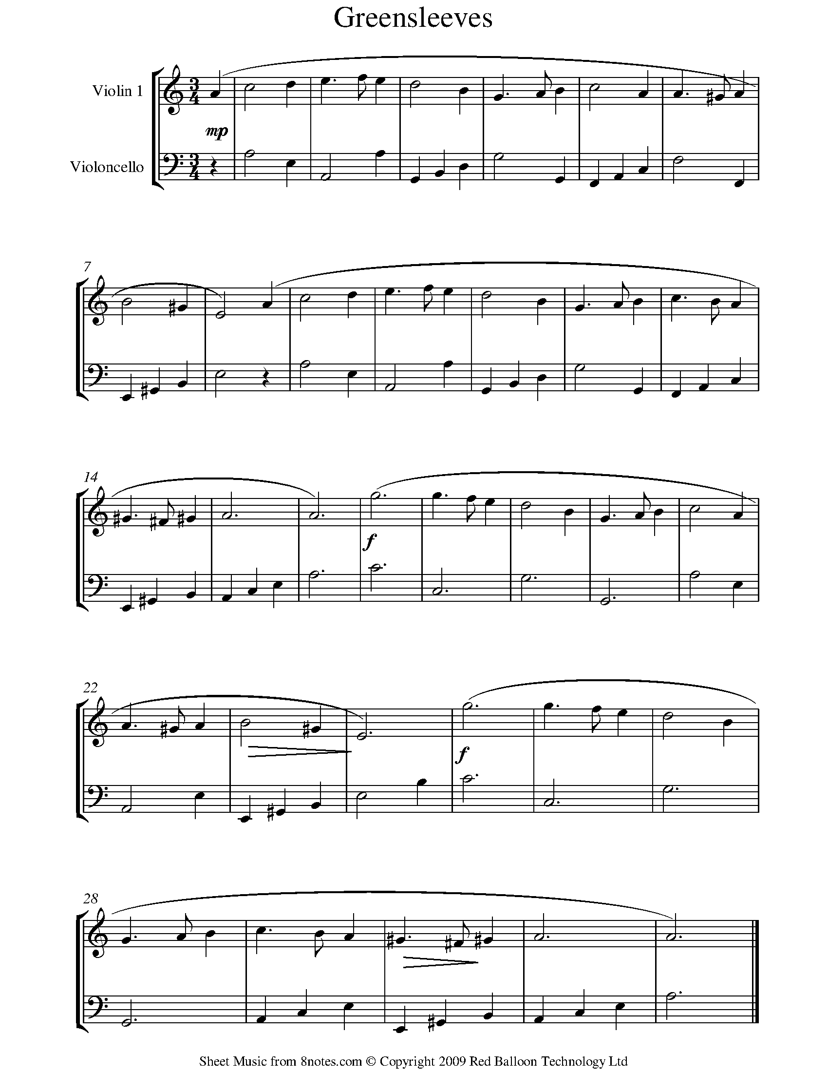 Greensleeves Sheet music for Violin-Cello Duet - 8notes.com