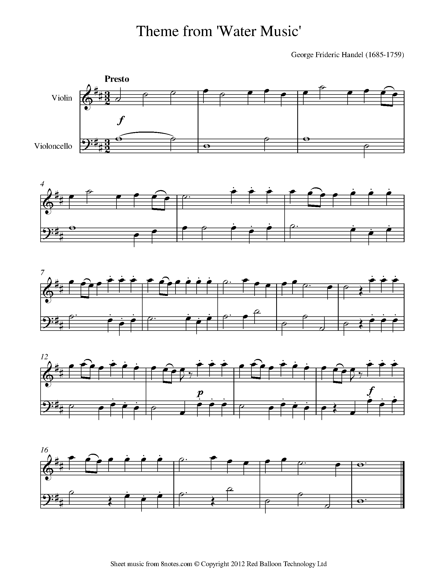 Handel Theme from Water Music Sheet music for ViolinCello Duet