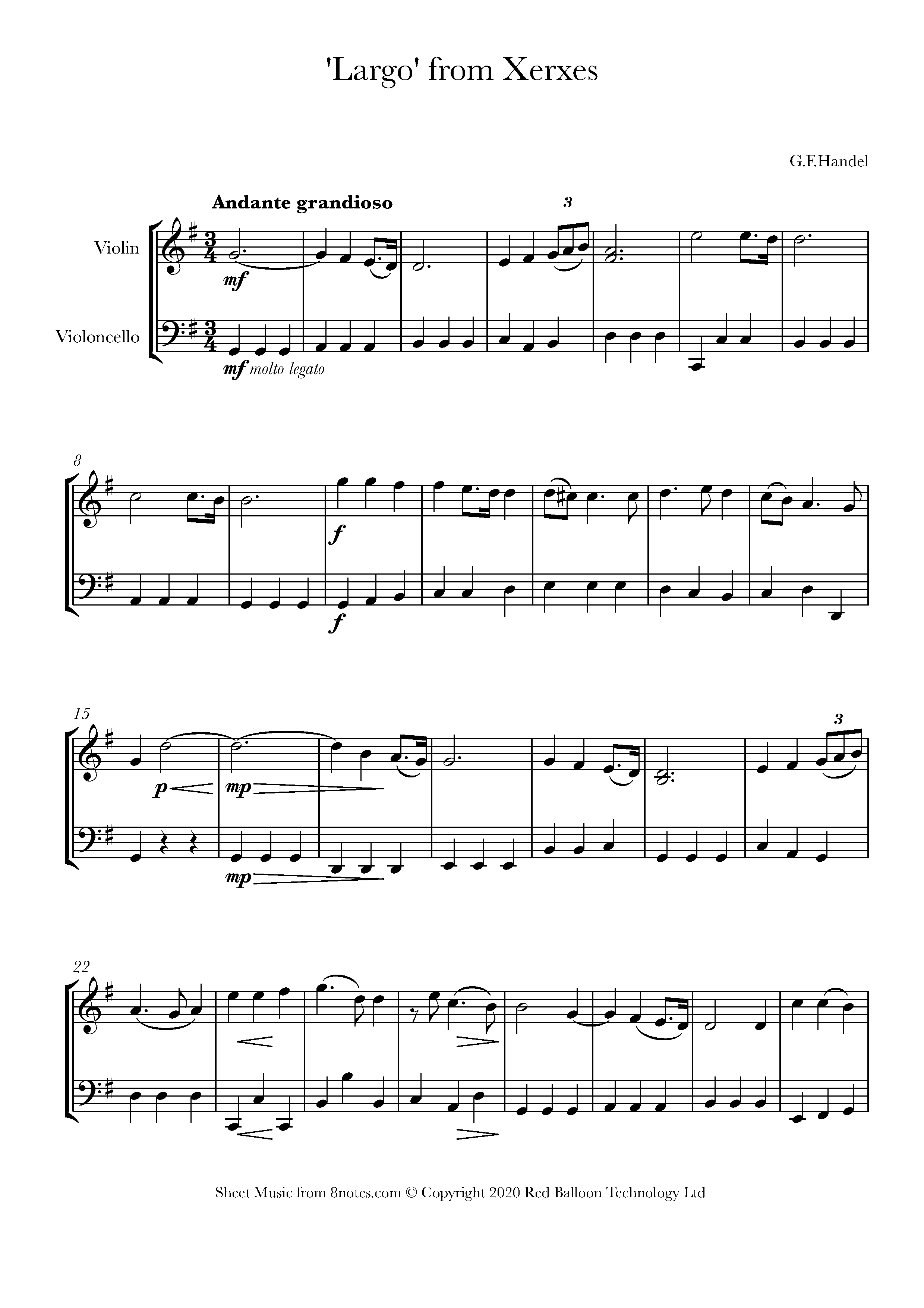 Handel Largo from Xerxes Sheet music for ViolinCello Duet