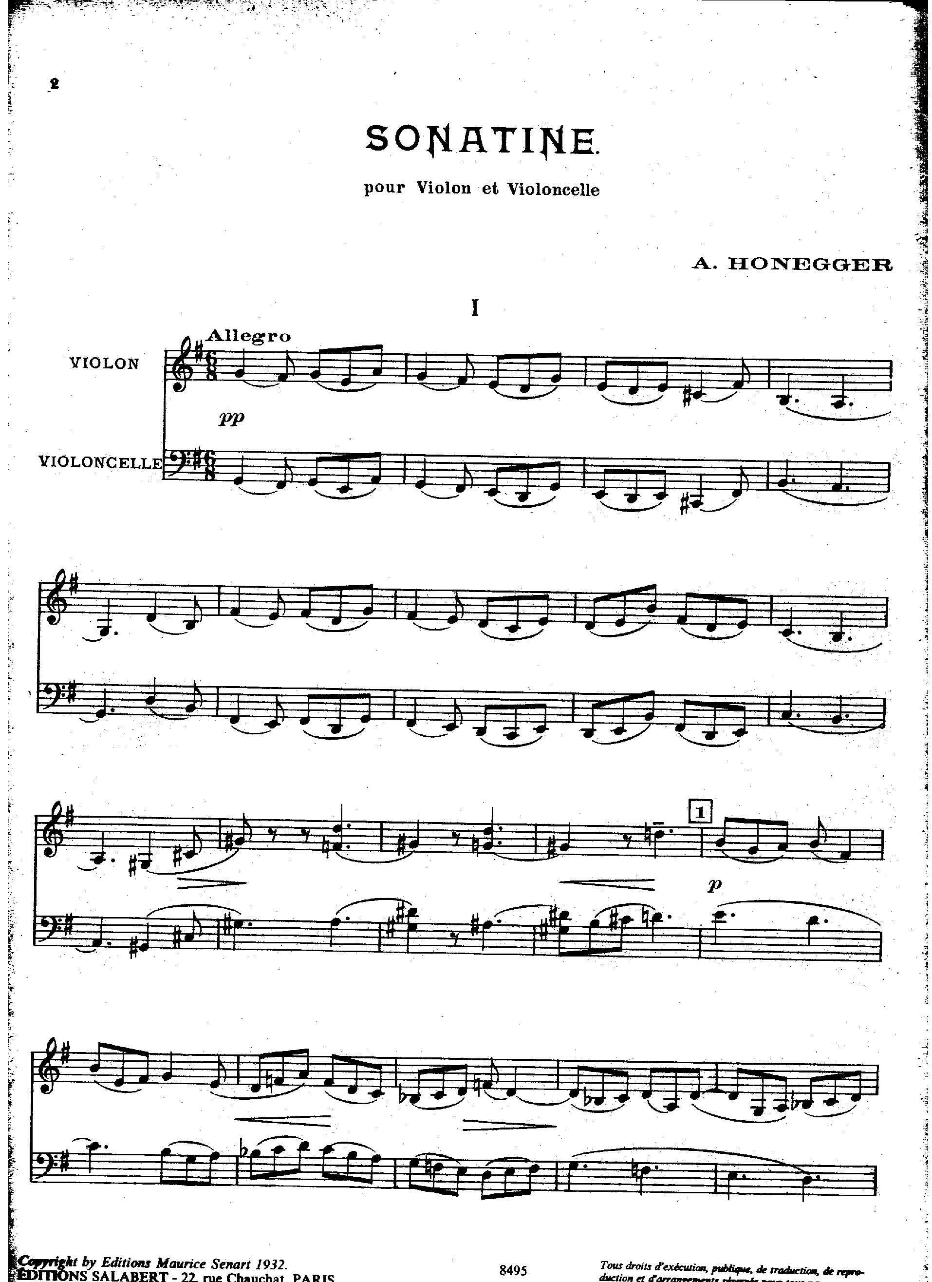 Sonatine for Violin and Cello, H.80 by Arthur Honegger Sheet Music arranged by 8notes.com for Violin-Cello Duet - 1 of 22 pages