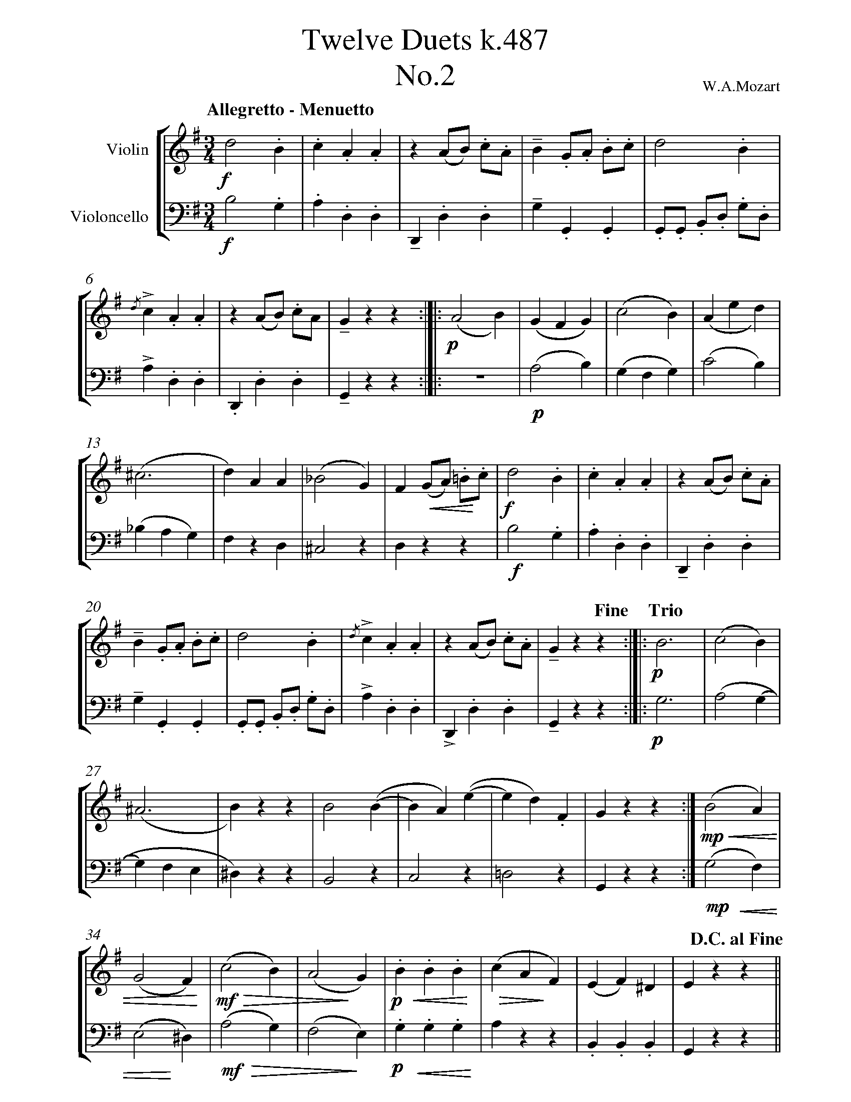 Mozart Wolfgang Amadeus Twelve Duets k.487 no.2 for Violin Cello Duet Free Sheet music for Violin Cello Duet 8notes
