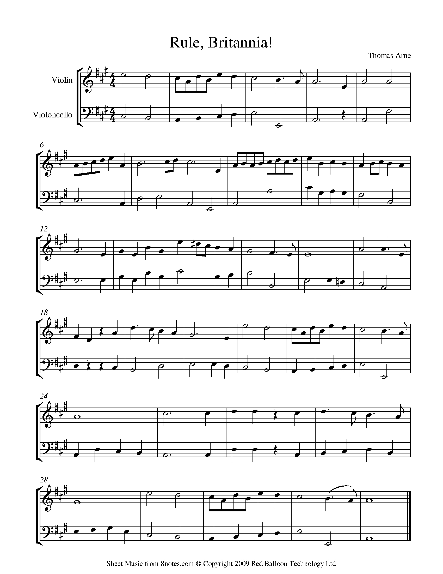 Arne Rule Britannia Sheet music for ViolinCello Duet