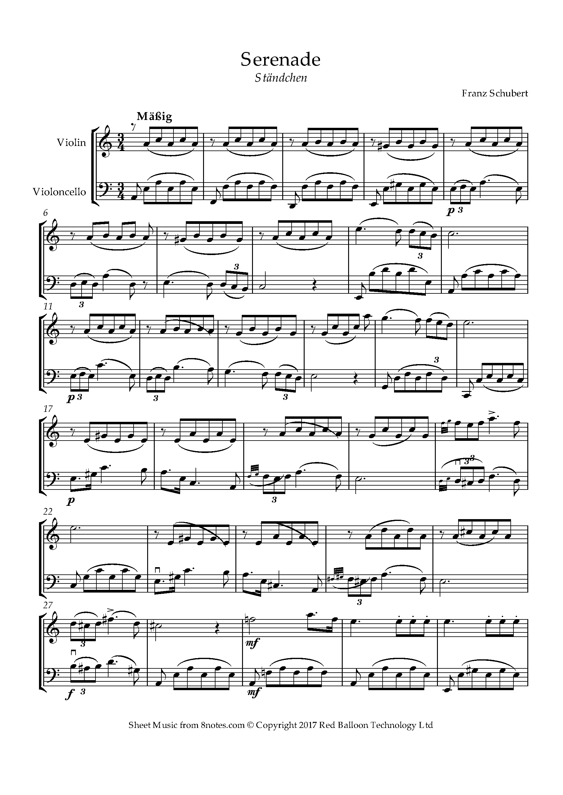 Schubert Franz Serenade Standchen for Violin Cello Duet Free Sheet music for Violin Cello Duet 8notes