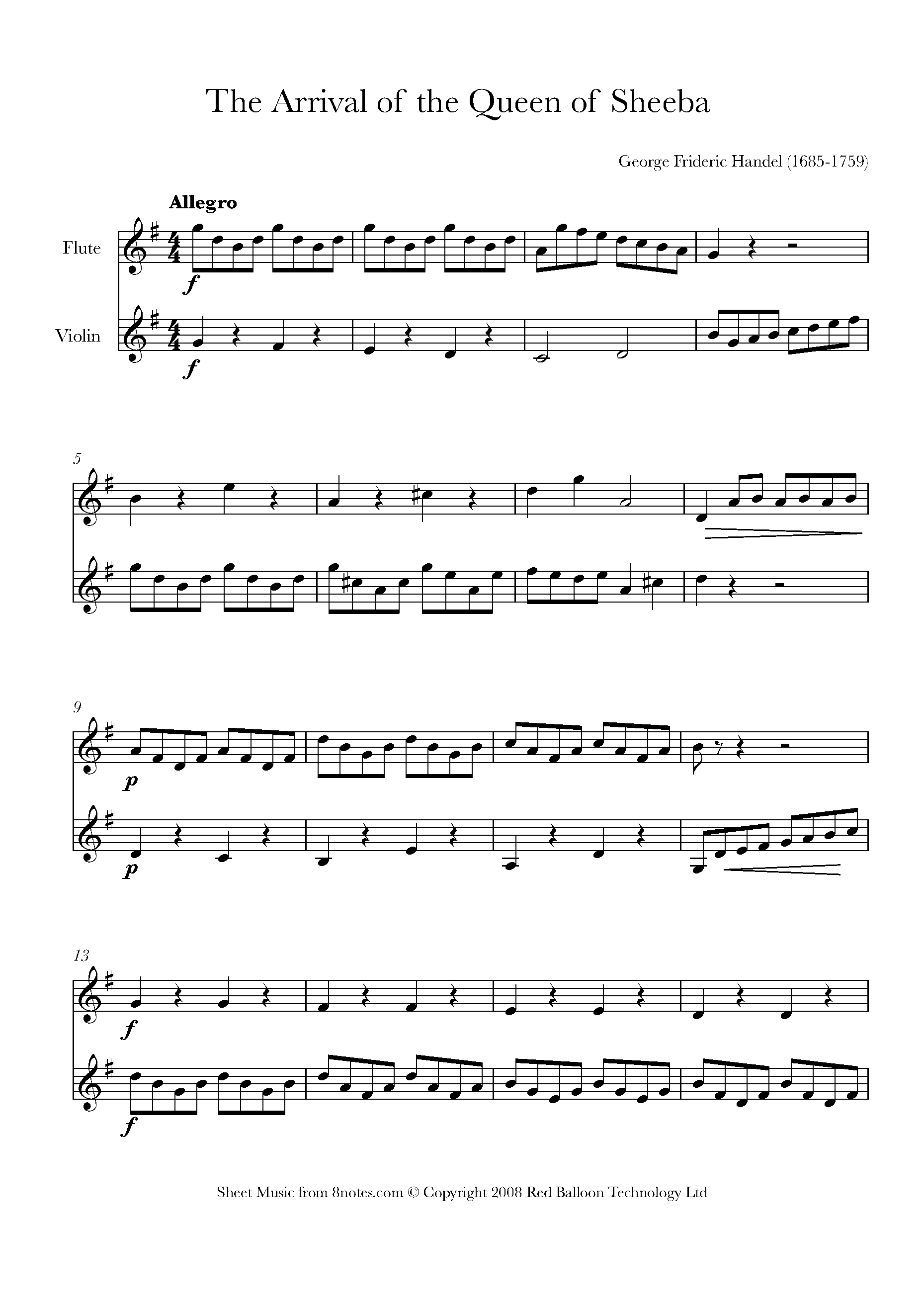 Handel The Arrival of the Queen of Sheba Sheet music for ViolinFlute