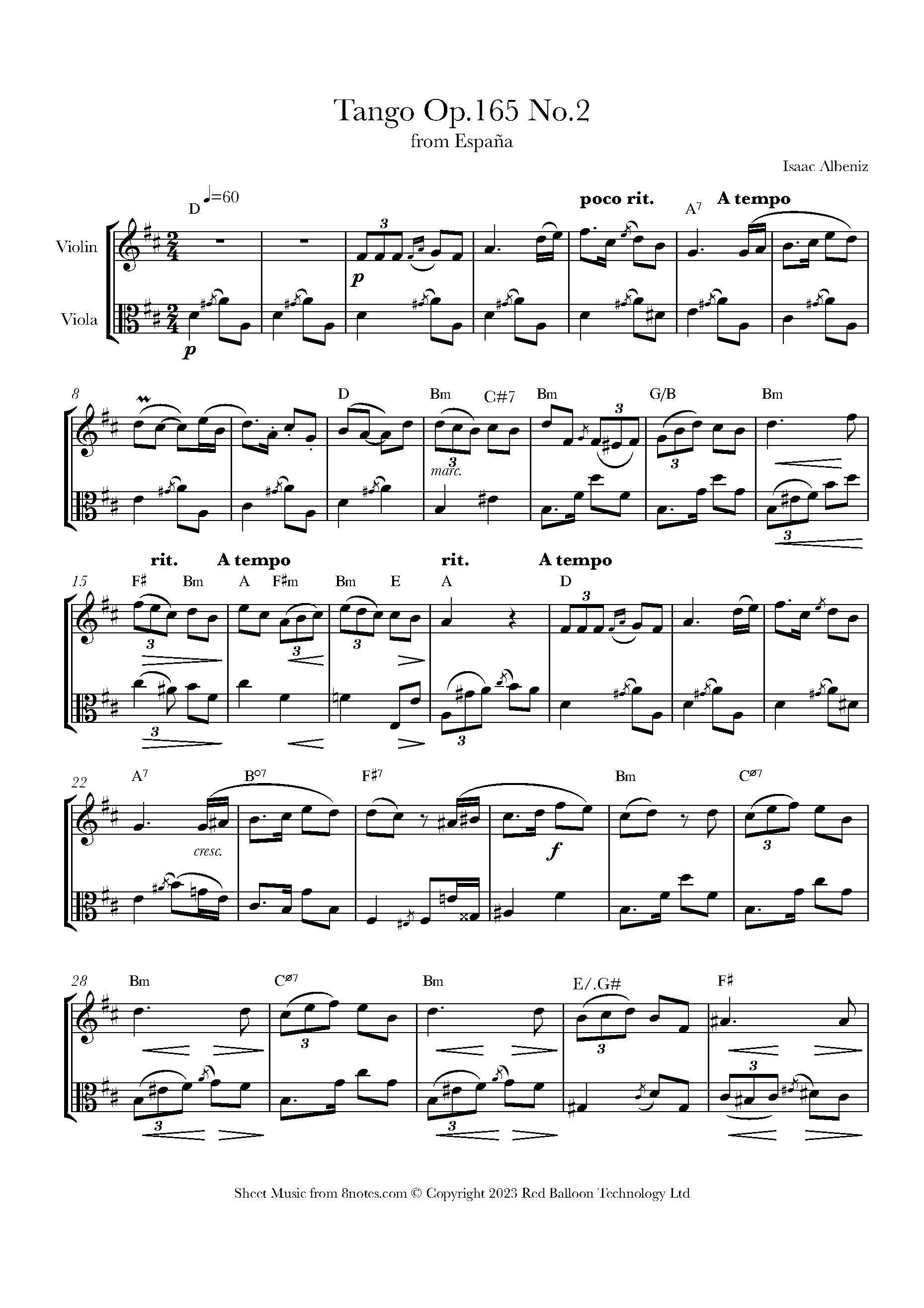 Isaac Albeniz Tango Op.165 No.2 from Espana for Violin Viola Duet Free Sheet music for Violin Viola Duet 8notes