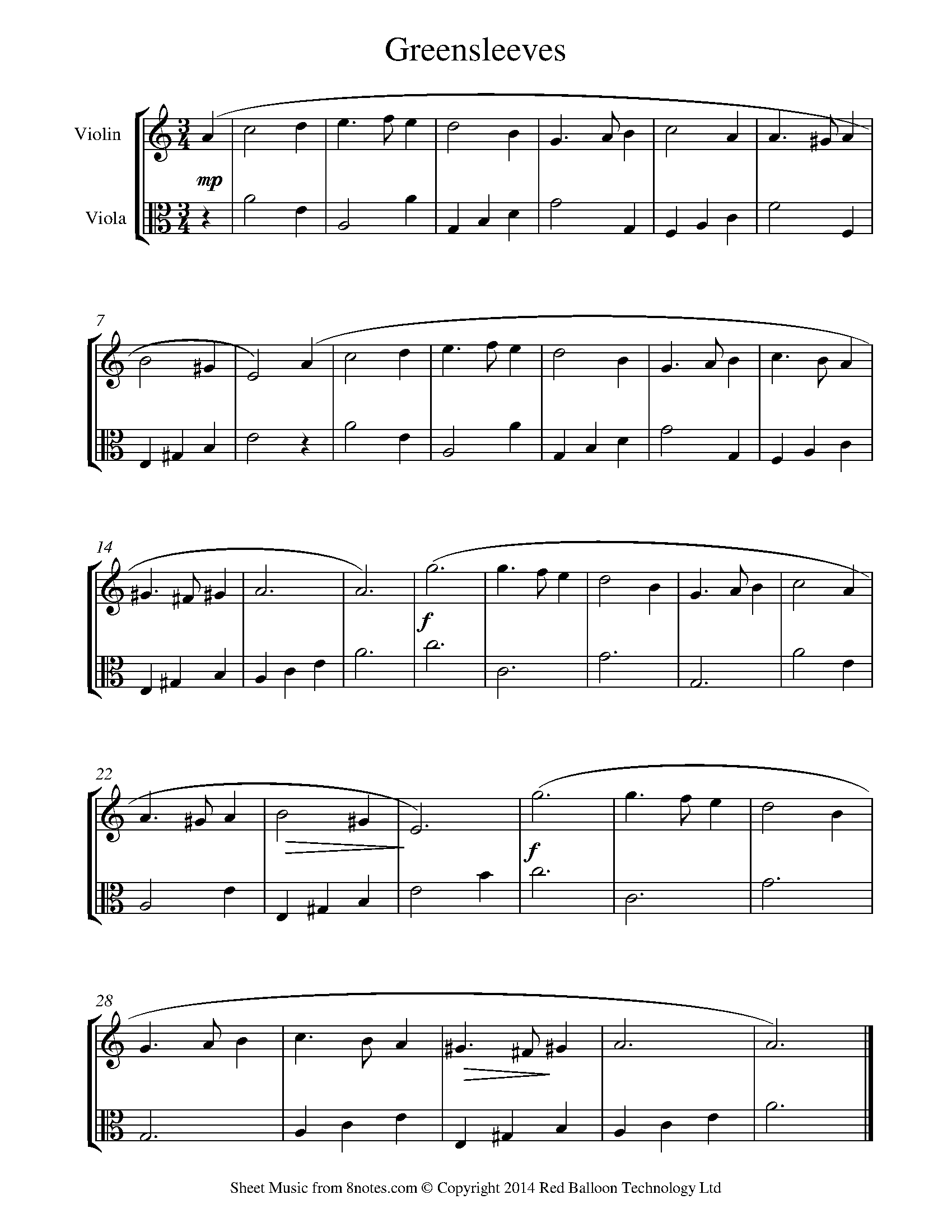 estómago clase Seguro Greensleeves Sheet music for Violin-Viola Duet - 8notes.com