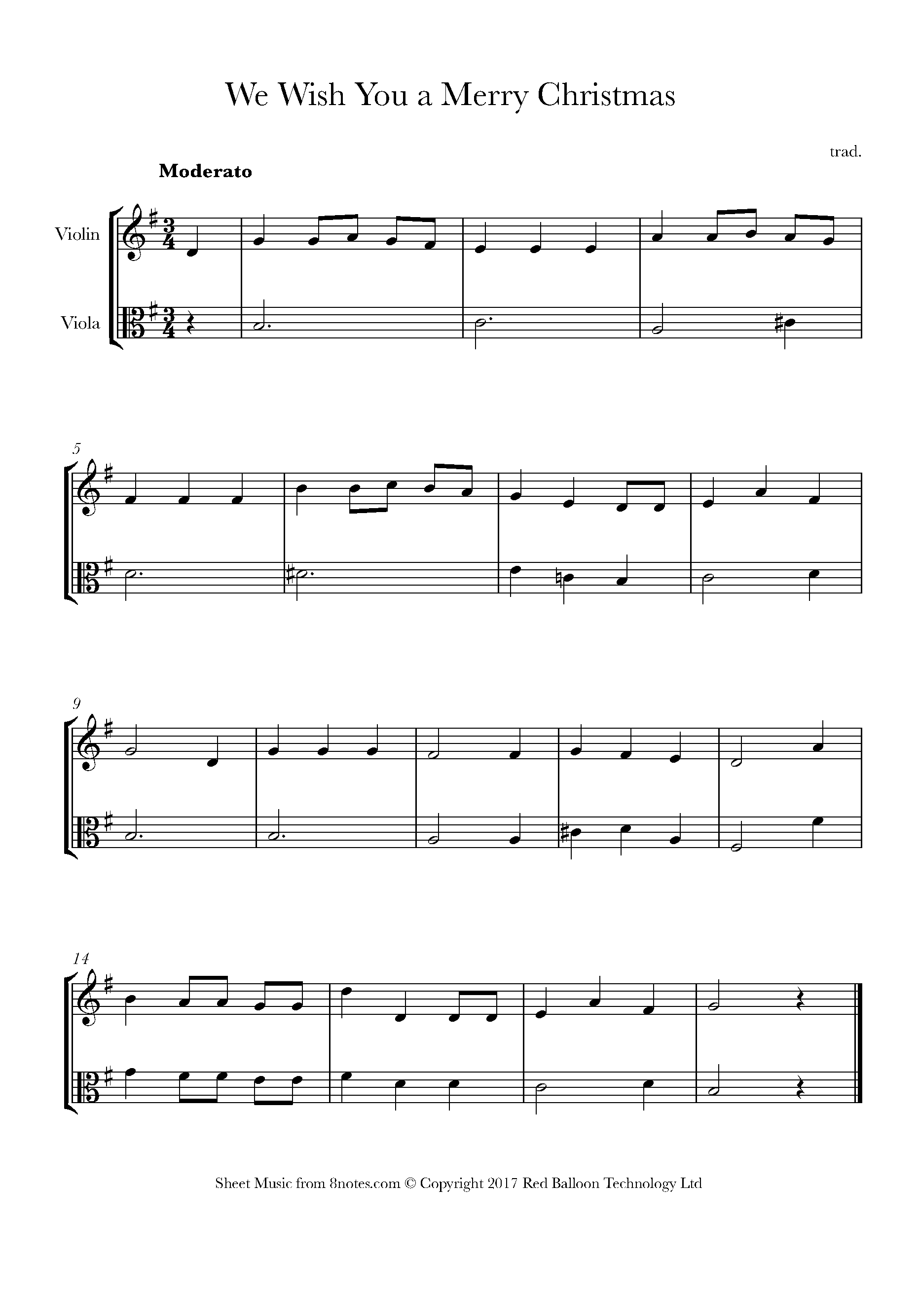We Wish You A Merry Christmas Sheet Music For Violin Viola Duet 8notes Com