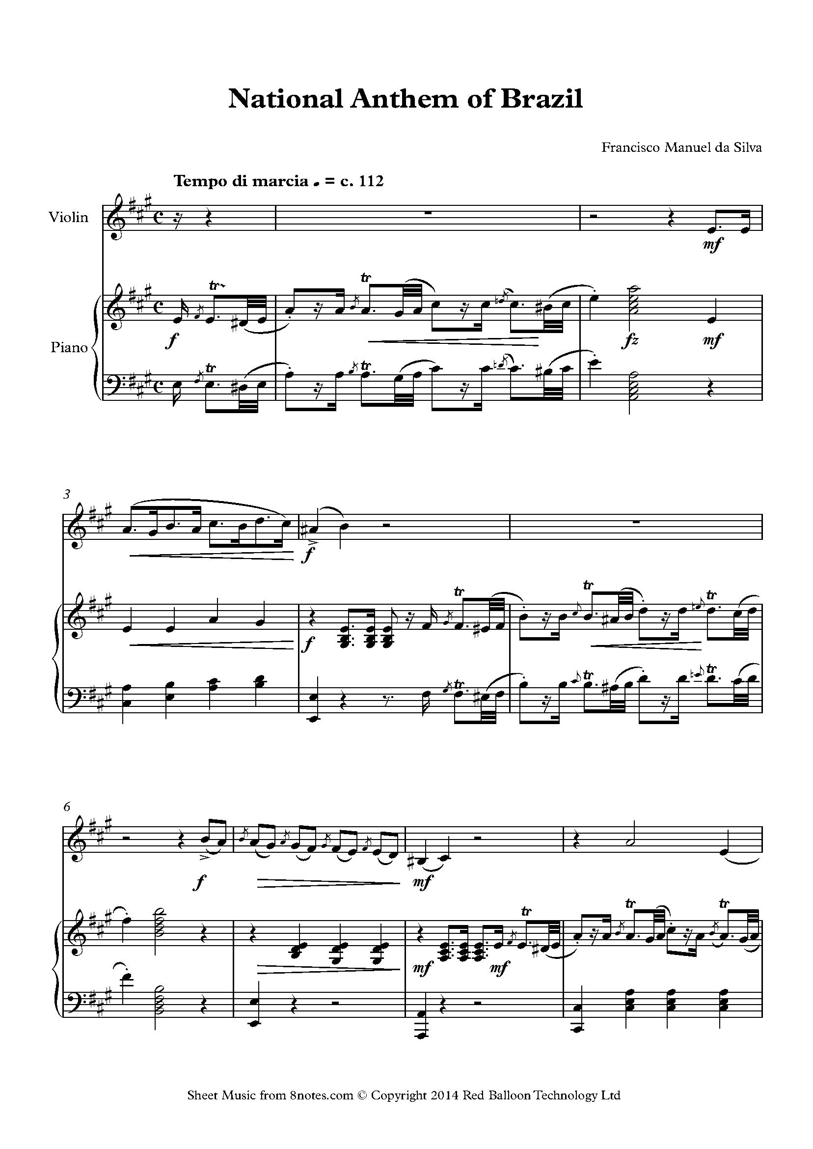 National Anthem of Brazil Sheet music for Violin - 8notes.com