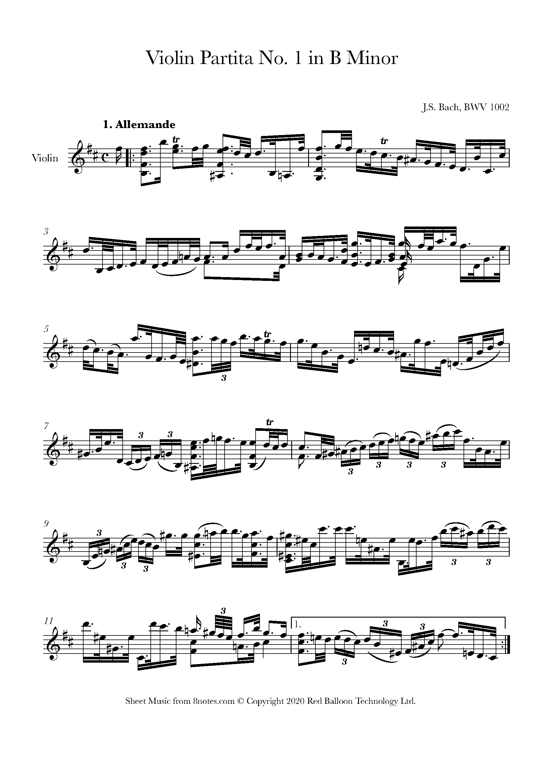 Bach Allemande from Partita No.1 in B minor, BWV 1002 Sheet music for