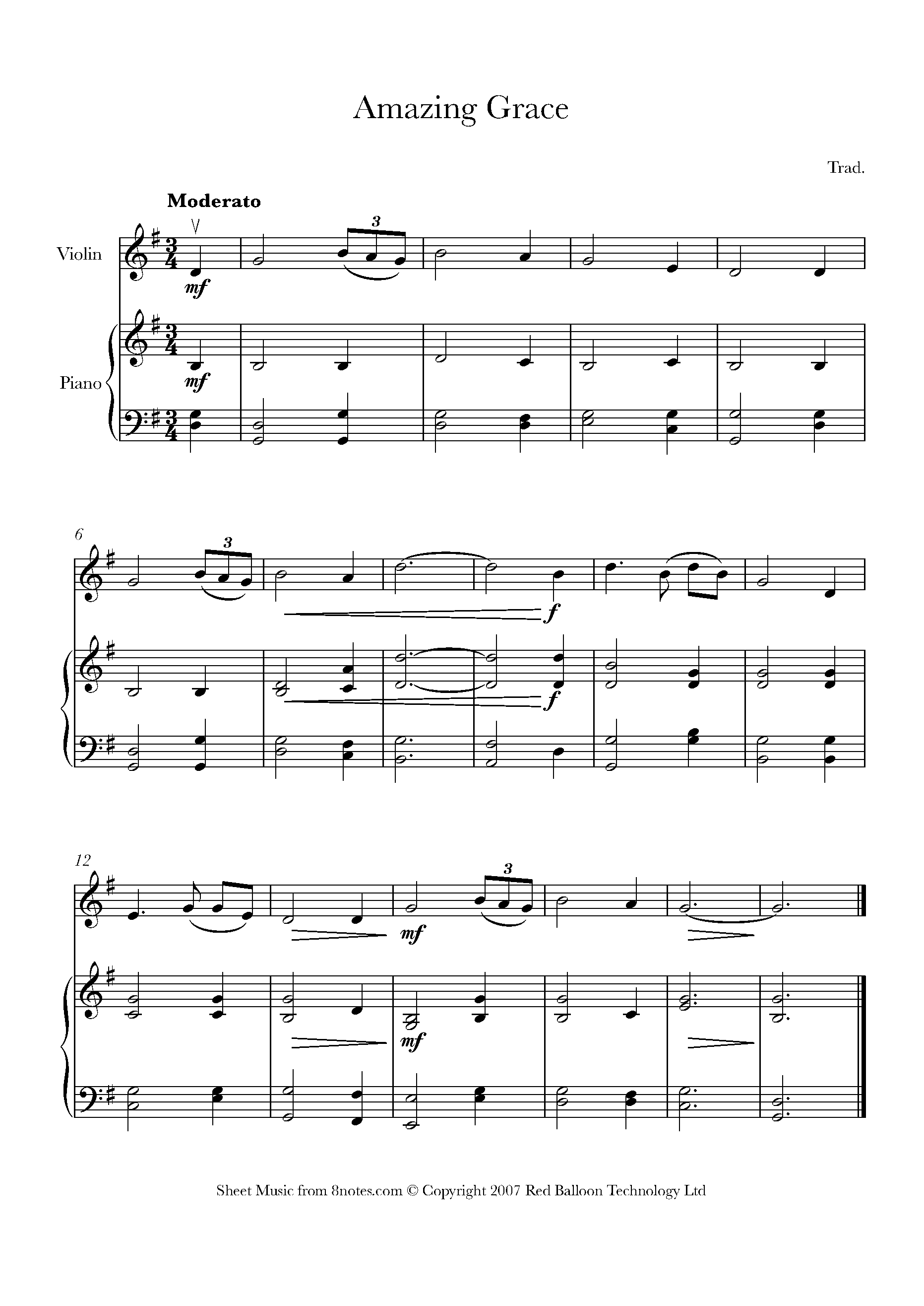 Amazing Grace Sheet music for Violin - 8notes.com