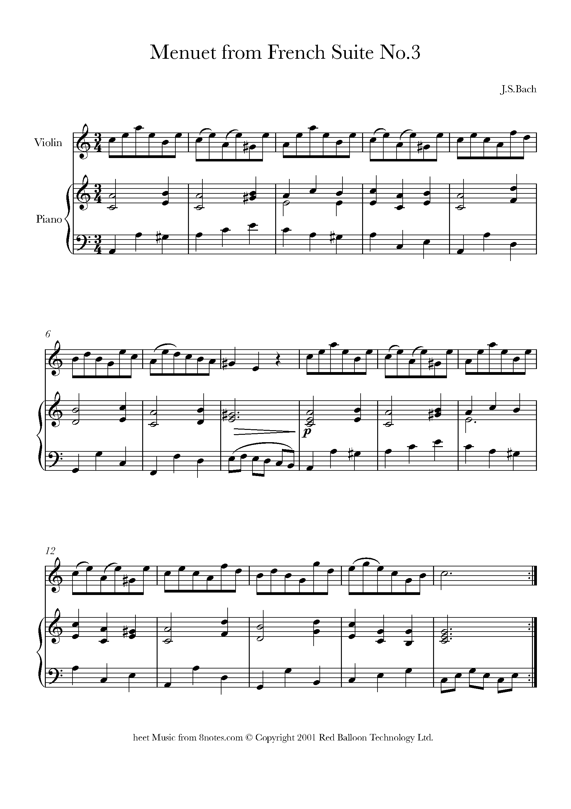 Kent Archaic Mediate Bach - Meneut from French Suite No.3 Sheet music for Violin - 8notes.com