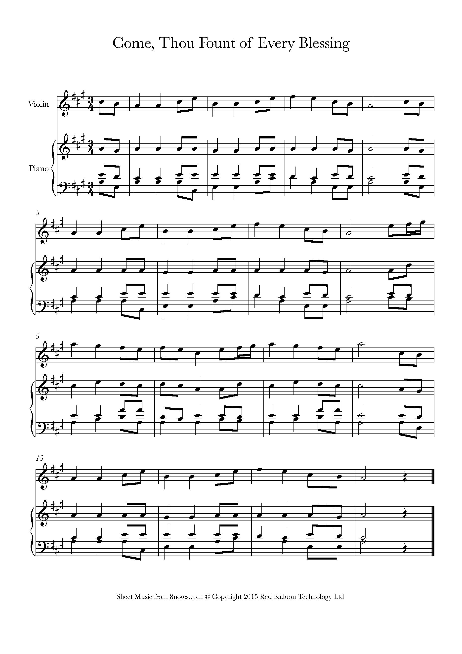 Come Thou Fount Of Every Blessing Sheet Music For Violin 8notes
