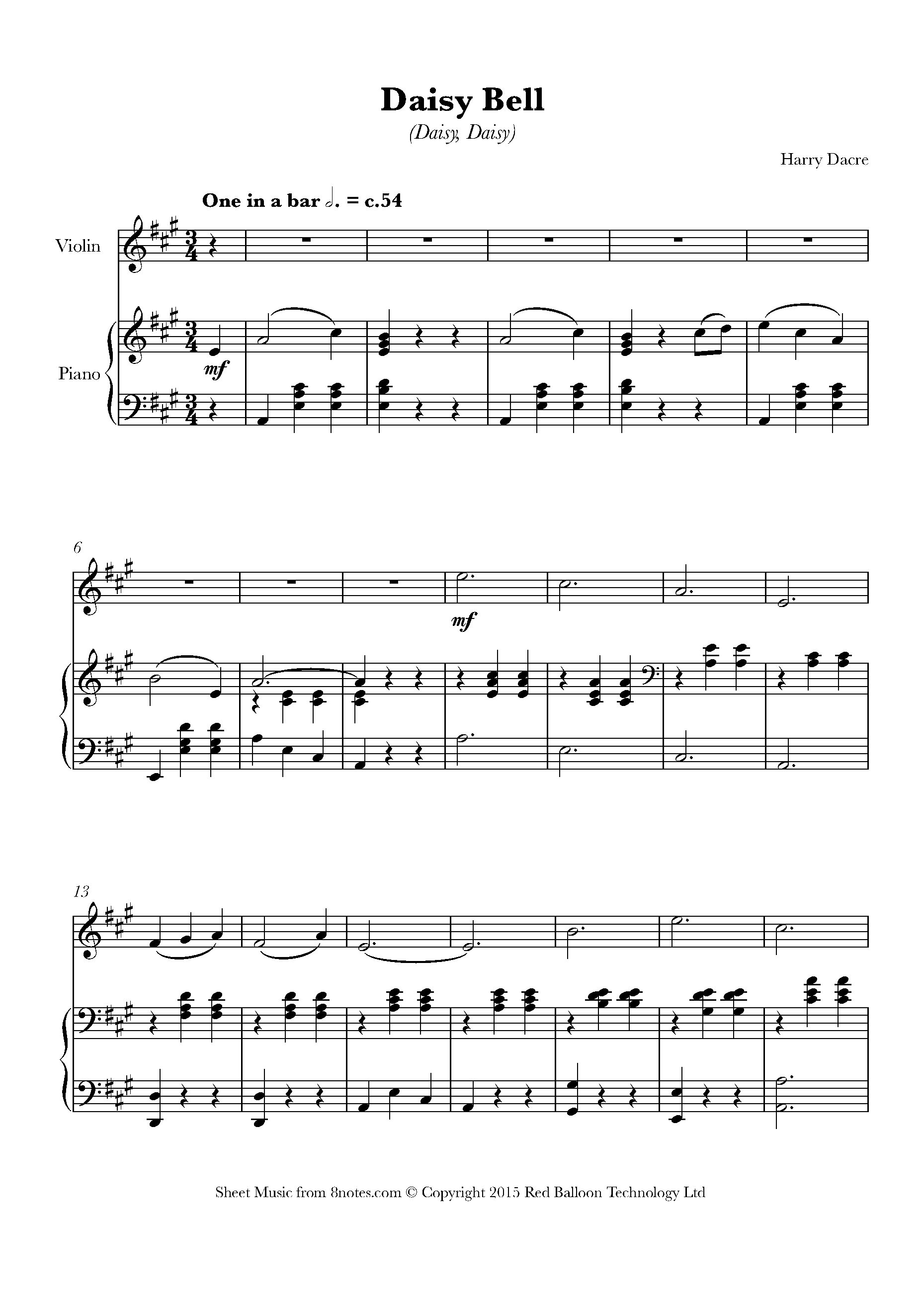 Harry Dacre Daisy Bell Daisy Daisy Sheet Music For Violin 8notes Com Harry Dacre Daisy Bell Daisy Daisy Sheet Music For Violin 8notes Com