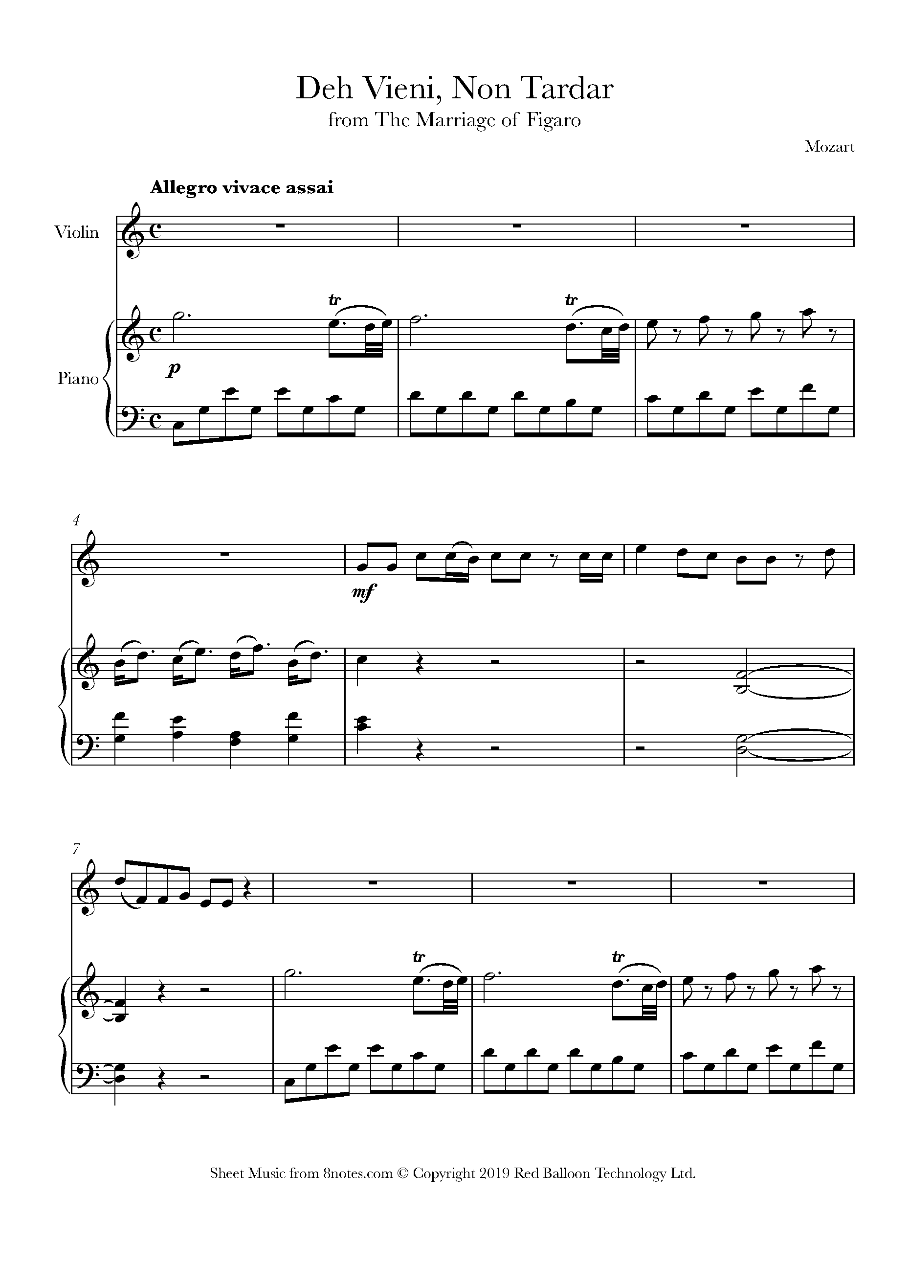 Mozart Deh Vieni Non Tardar From The Marriage Of Figaro Sheet Music For Violin 8notes Com