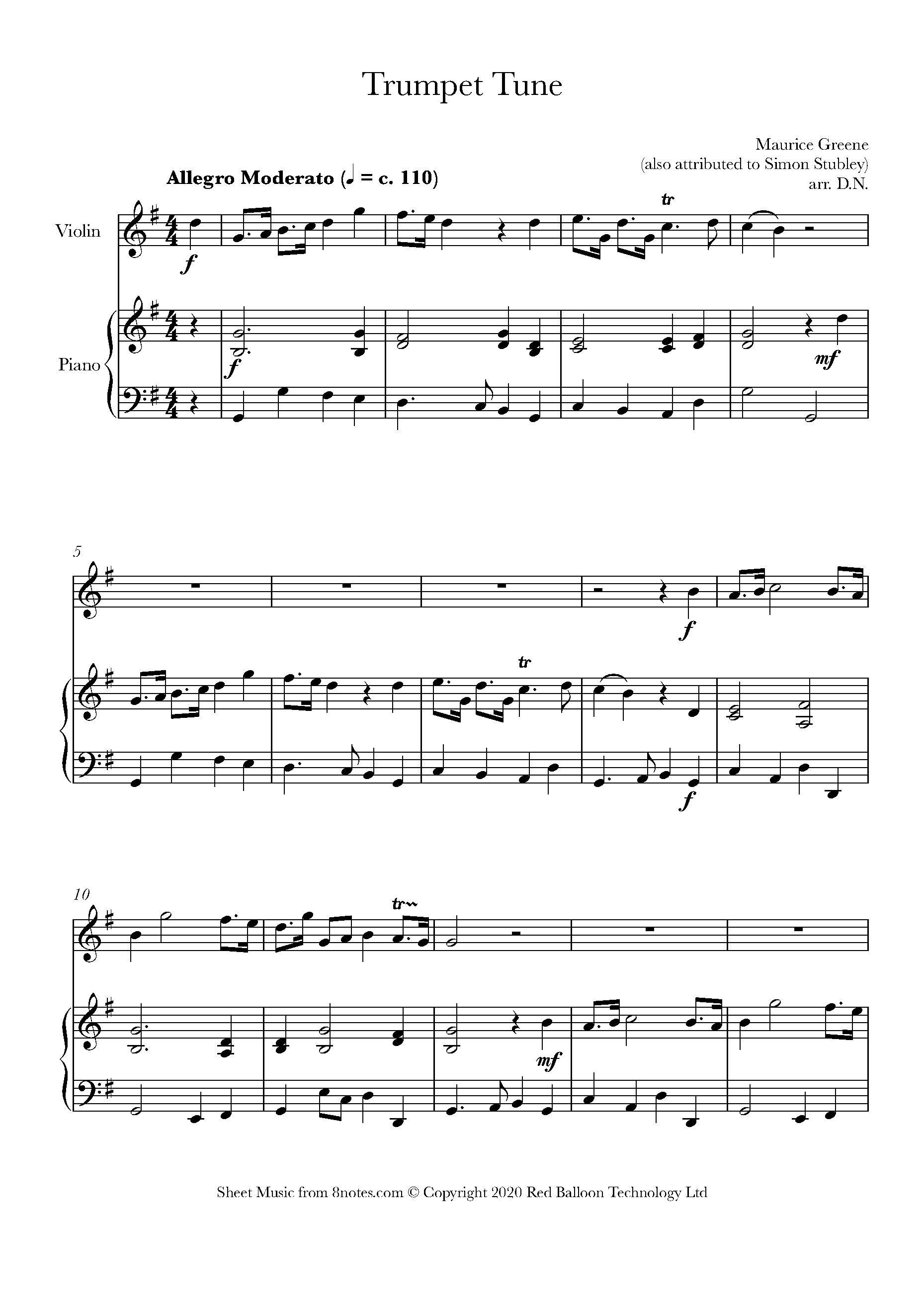 Maurice Greene Trumpet Tune Sheet music for Violin