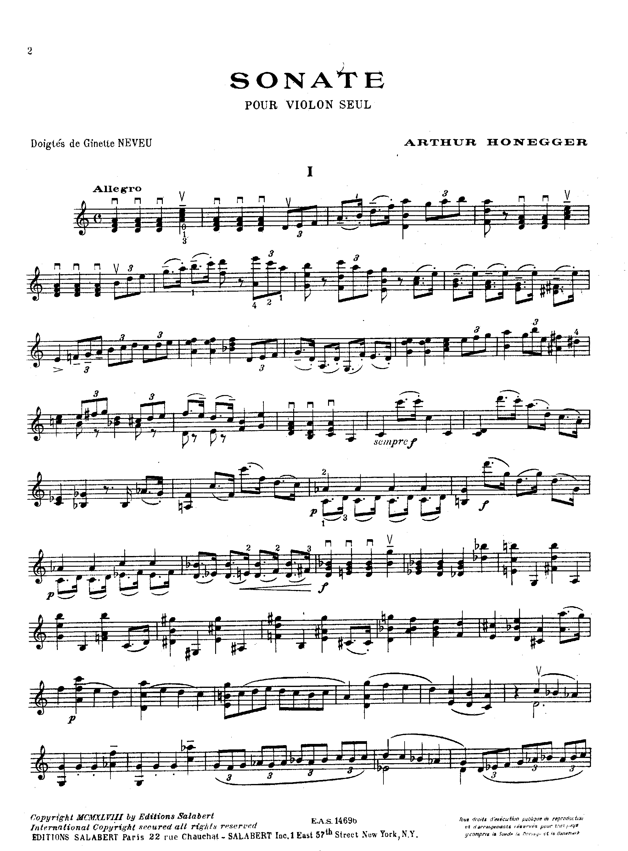Sonata for Solo Violin, H.143 by Arthur Honegger Sheet Music arranged by 8notes.com for Violin - 1 of 7 pages