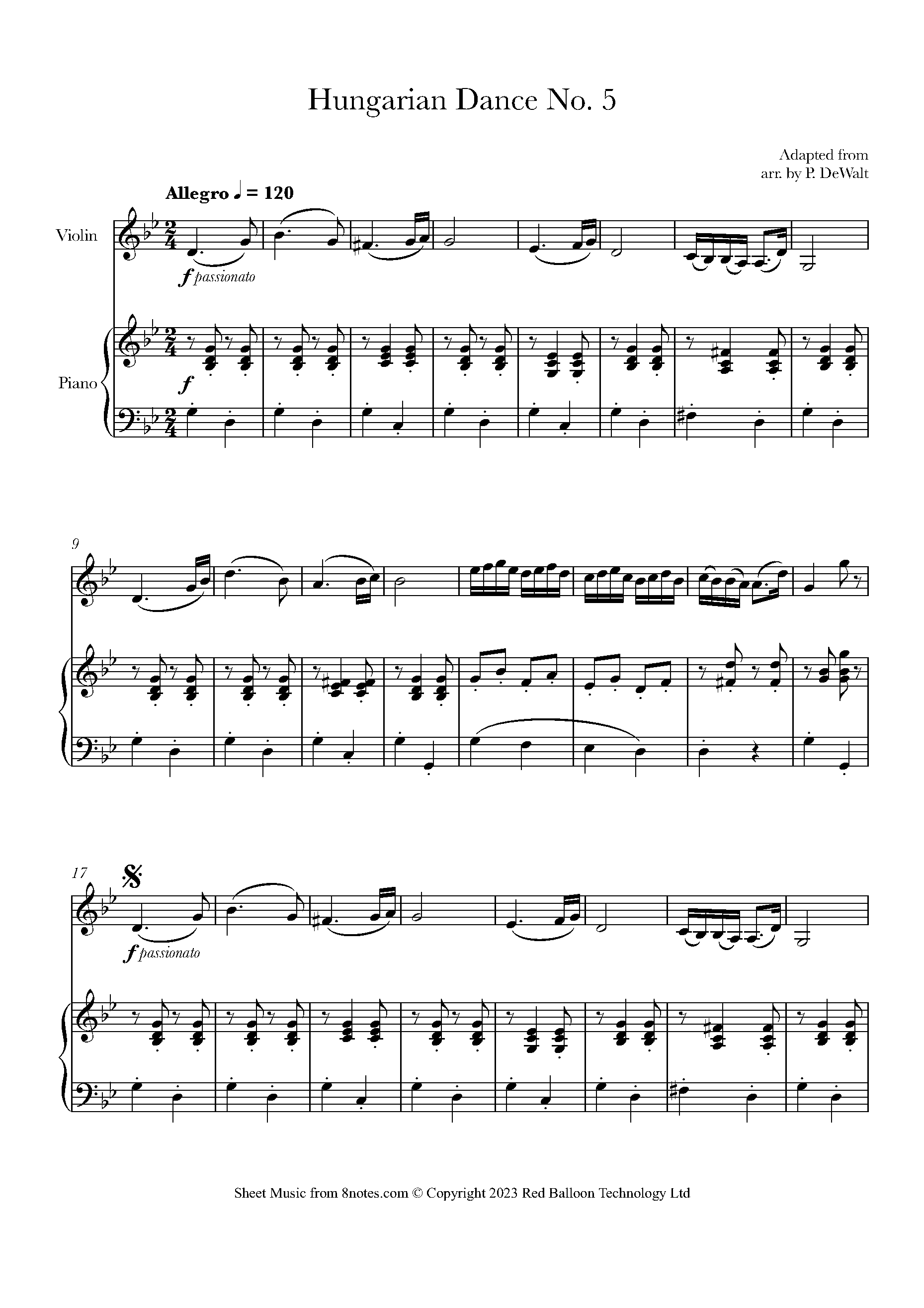 Brahms Johannes Hungarian Dance no.5 Full Version for Violin Free Sheet music for Violin 8notes