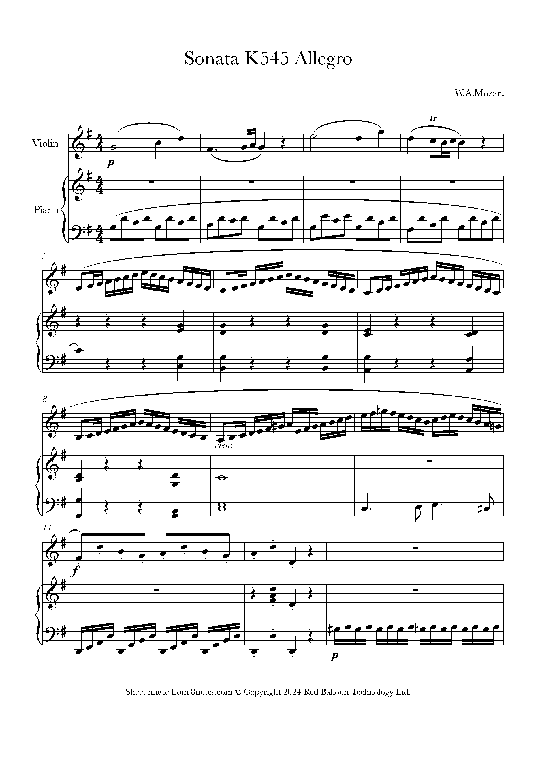 その他 Sonata in G for Violin & Piano Mozart, Wolfgang Amadeus - Sonata K545 Allegro for Violin