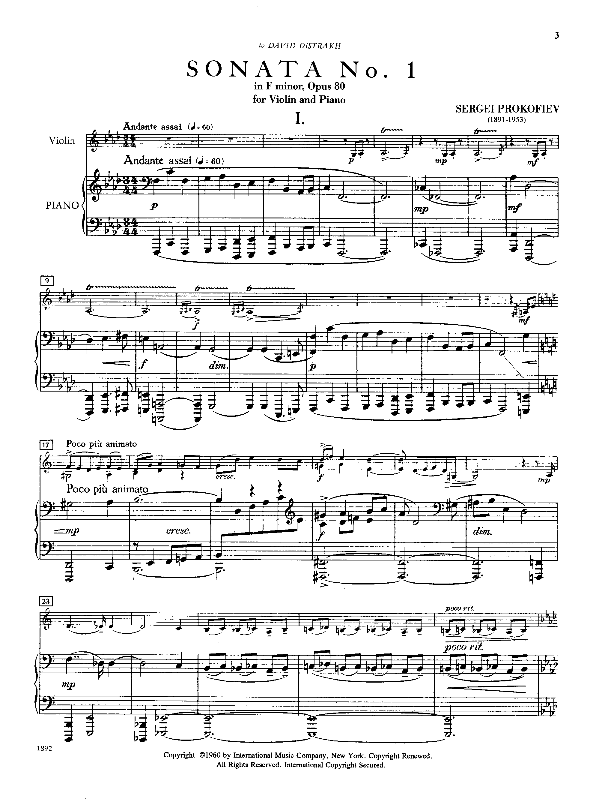 Violin Sonata No.1, Op.80 by Sergei Prokofiev Sheet Music arranged by 8notes.com for Violin - 1 of 40 pages