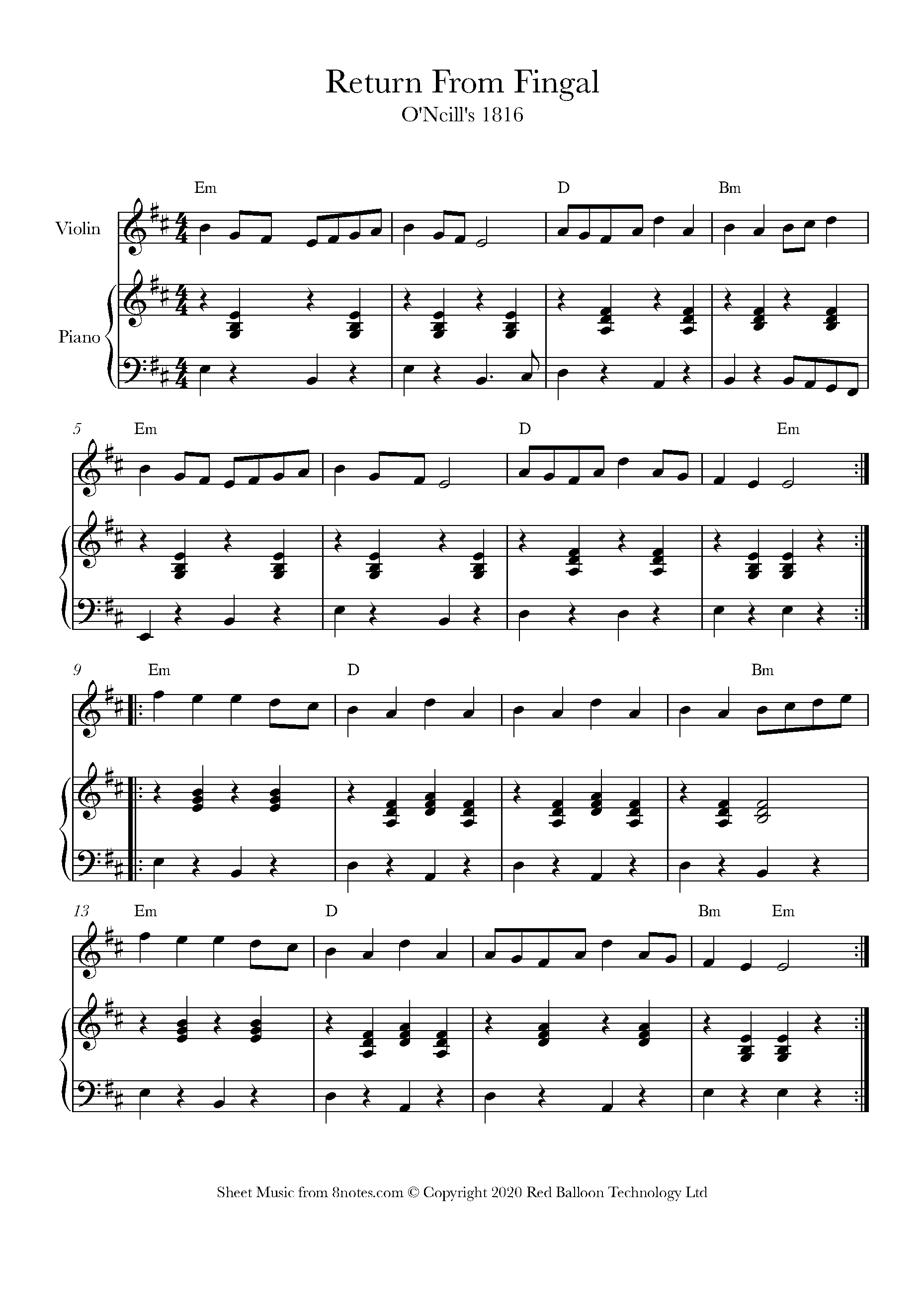 The Return From Fingal (Irish Folk Song) Sheet music for Violin