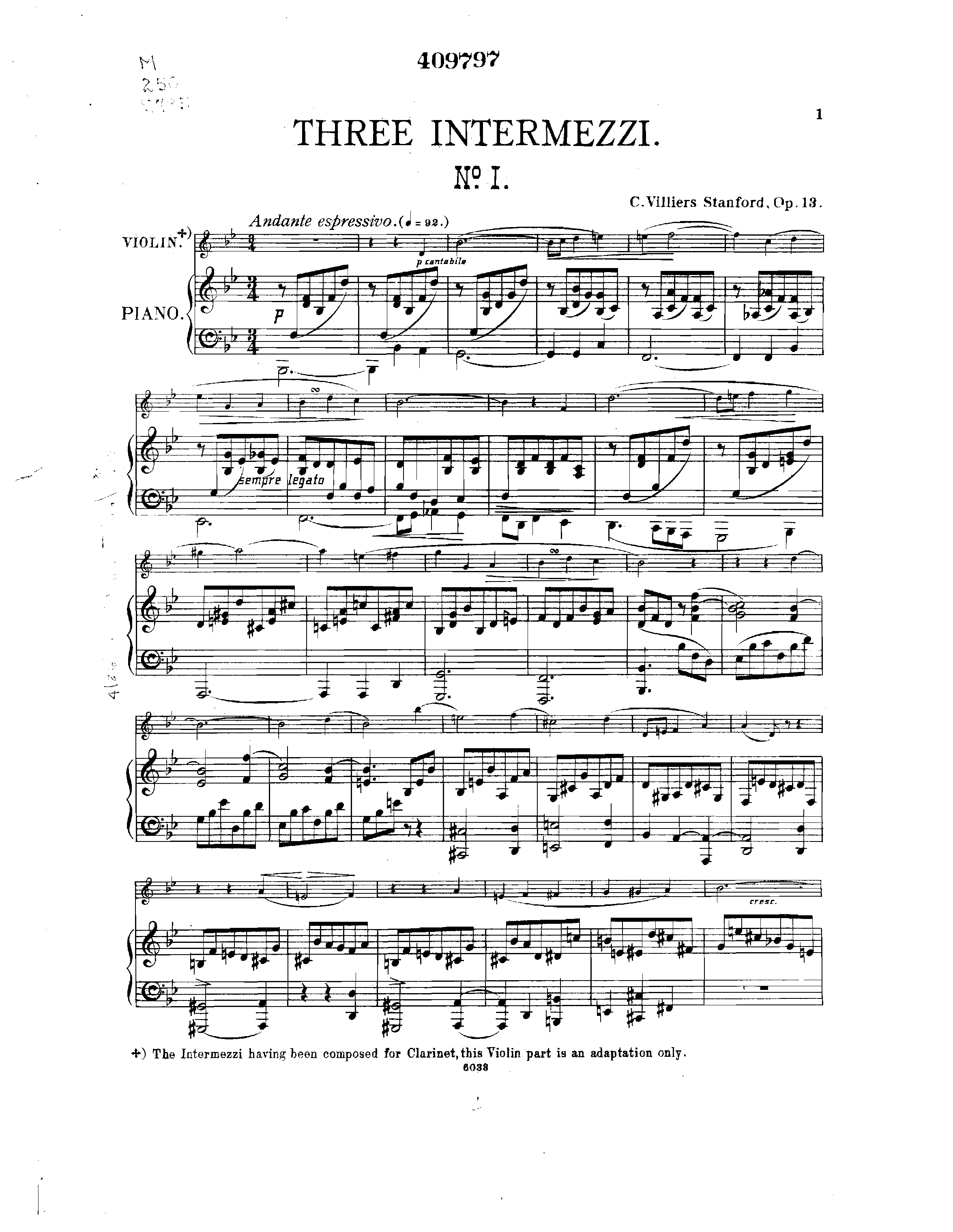 3 Intermezzi, Op.13 by Charles Stanford Sheet Music arranged by 8notes.com for Violin - 1 of 16 pages