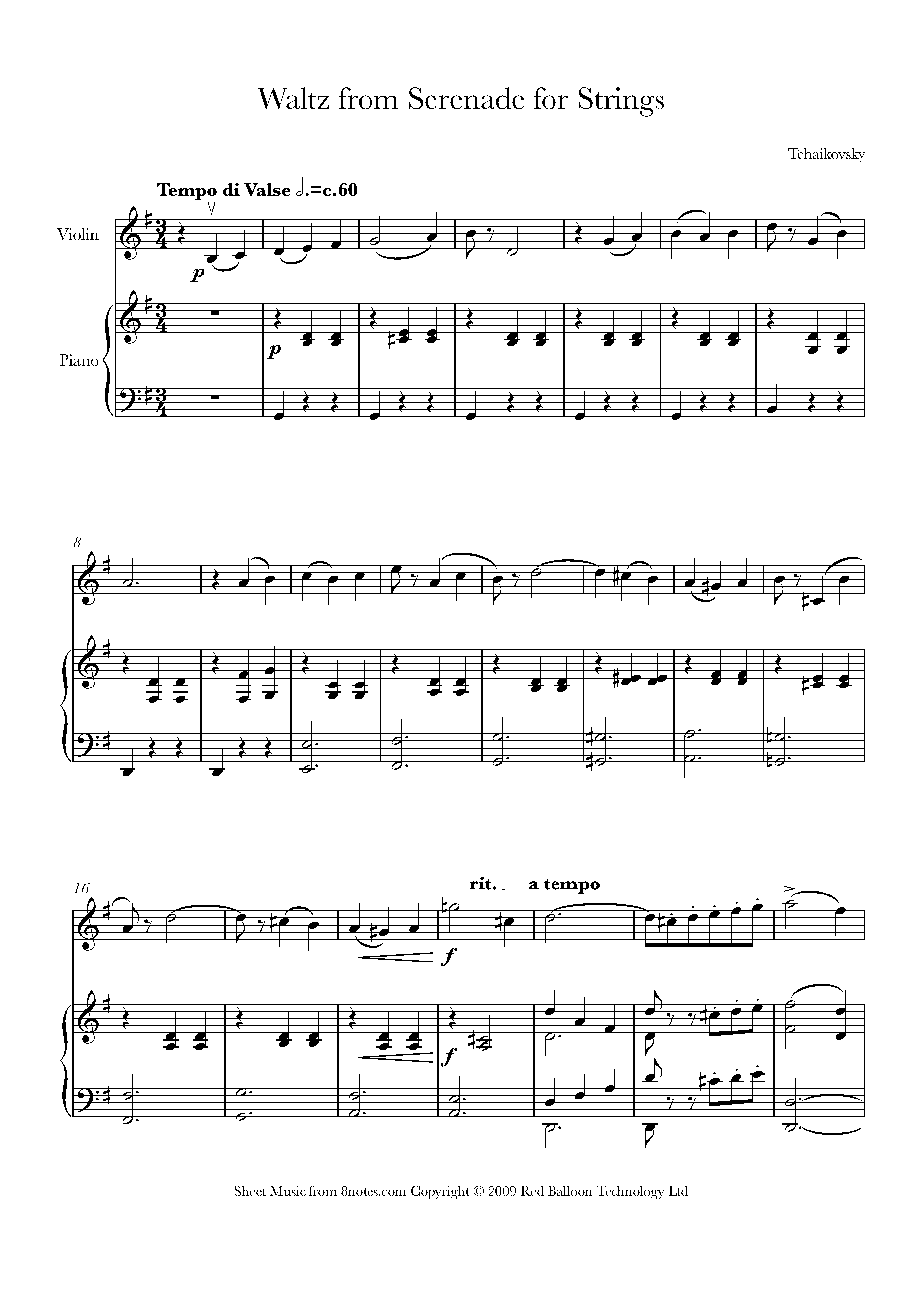 Tchaikovsky Waltz from Serenade for Strings Sheet music for Violin