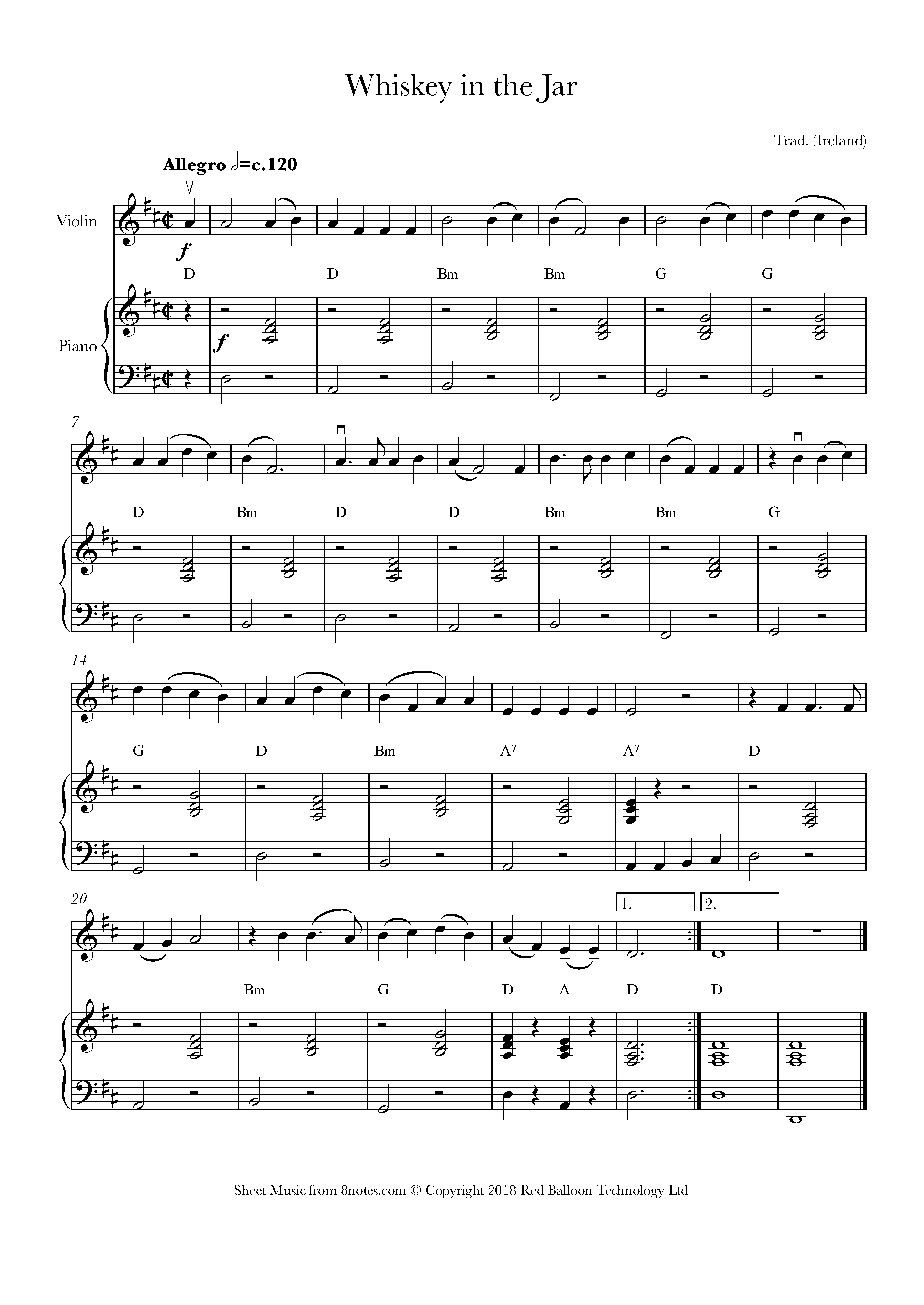 Whiskey In The Jar Sheet Music For Violin 8notes Com