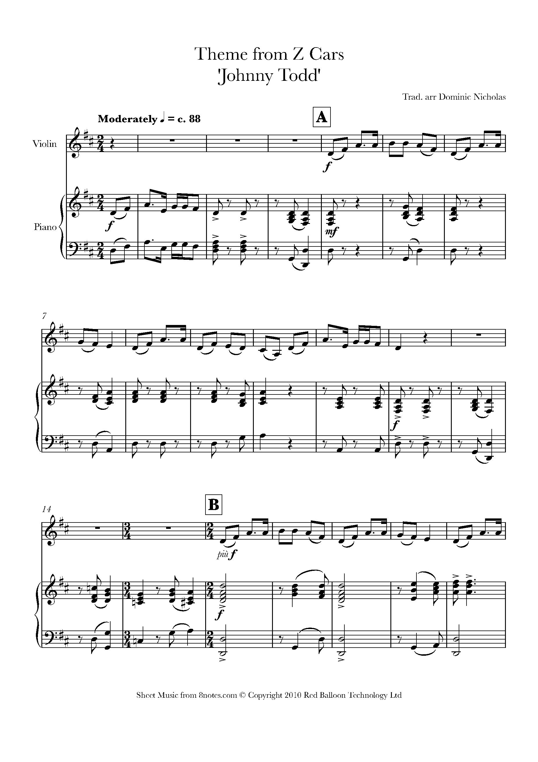Theme from Z Cars (Johnny Todd) Sheet music for Violin