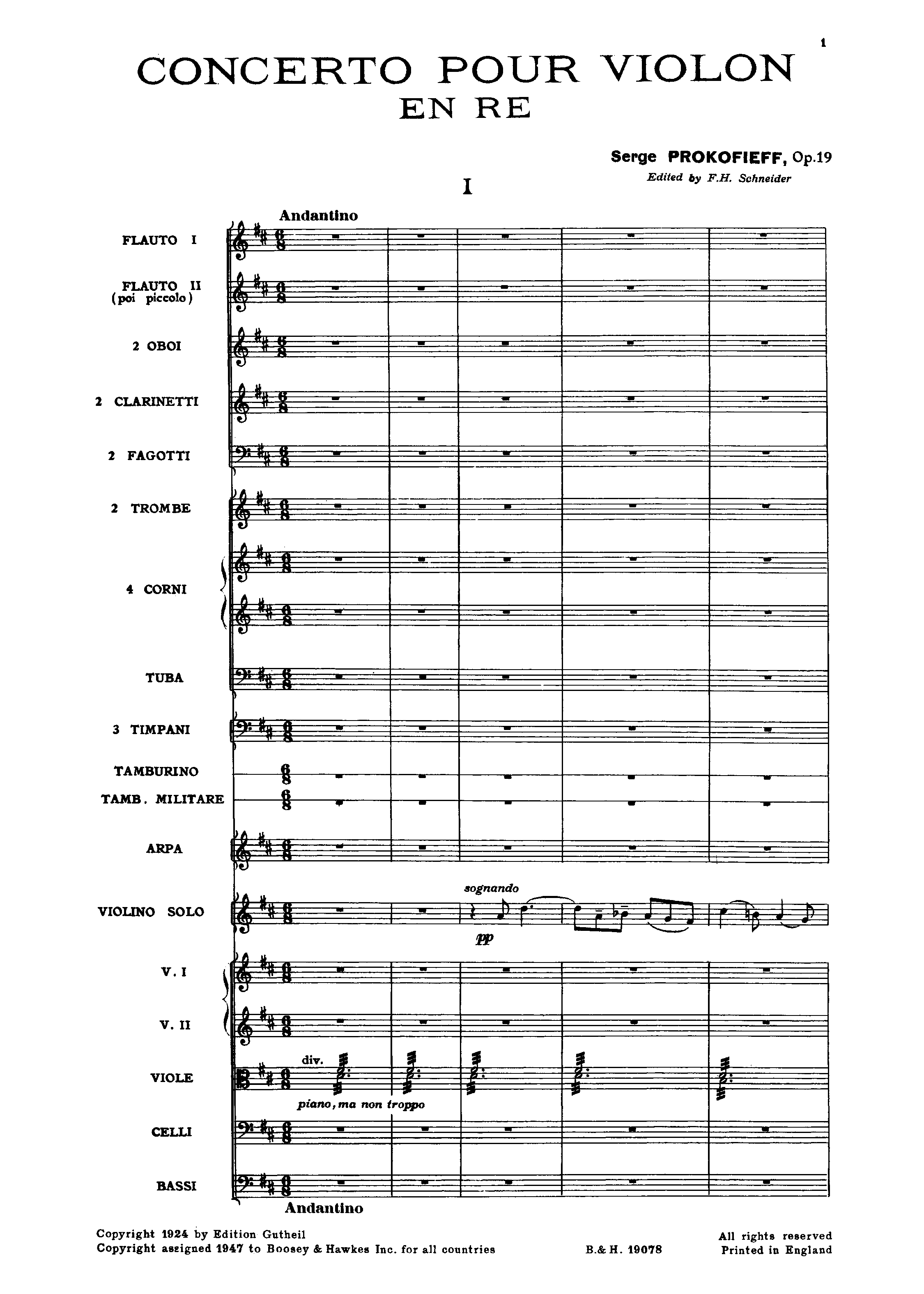 Violin Concerto No.1, Op.19 by Sergei Prokofiev Sheet Music arranged by 8notes.com for Violin and Ensemble - 1 of 115 pages
