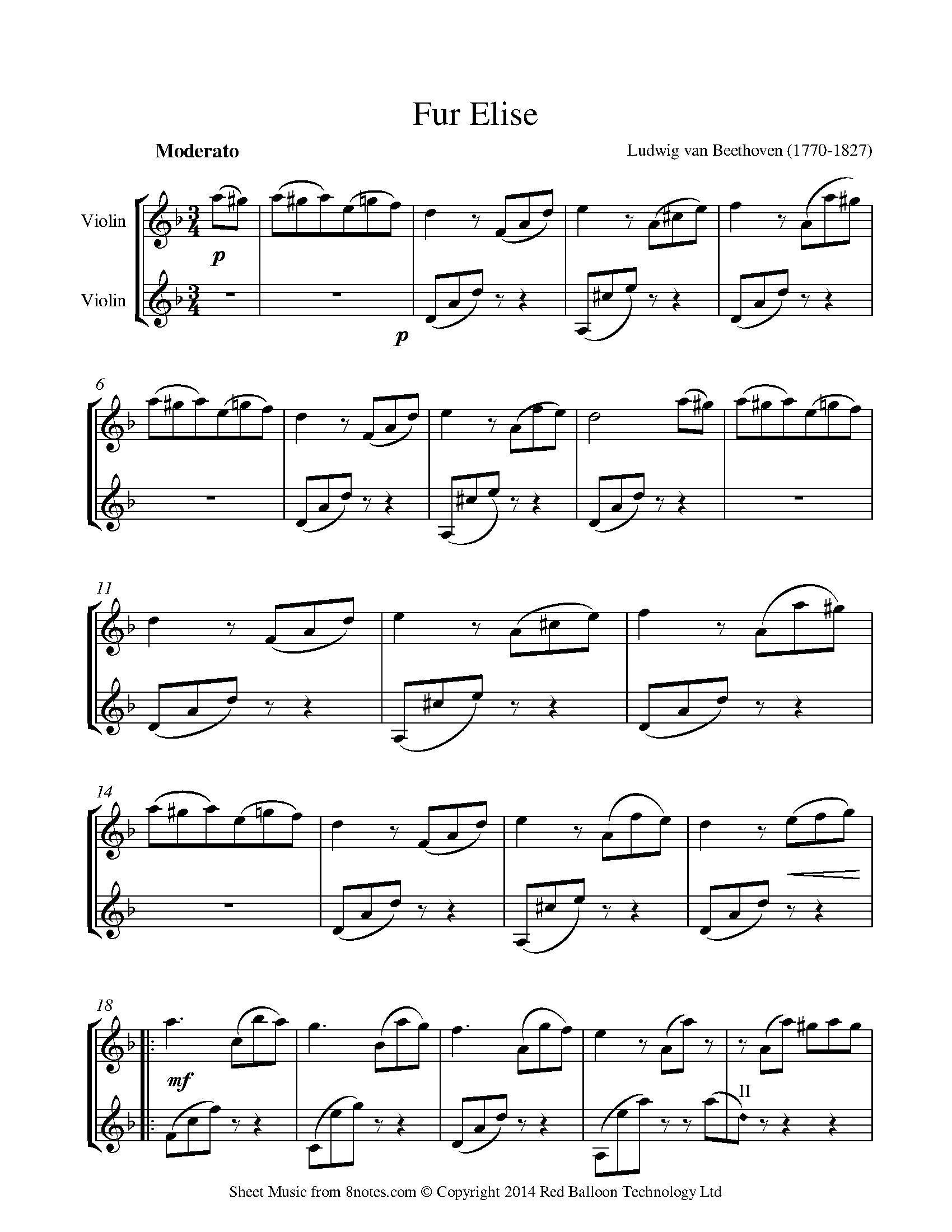 Beethoven - Fur Elise Sheet music for Violin Duet - 8notes.com
