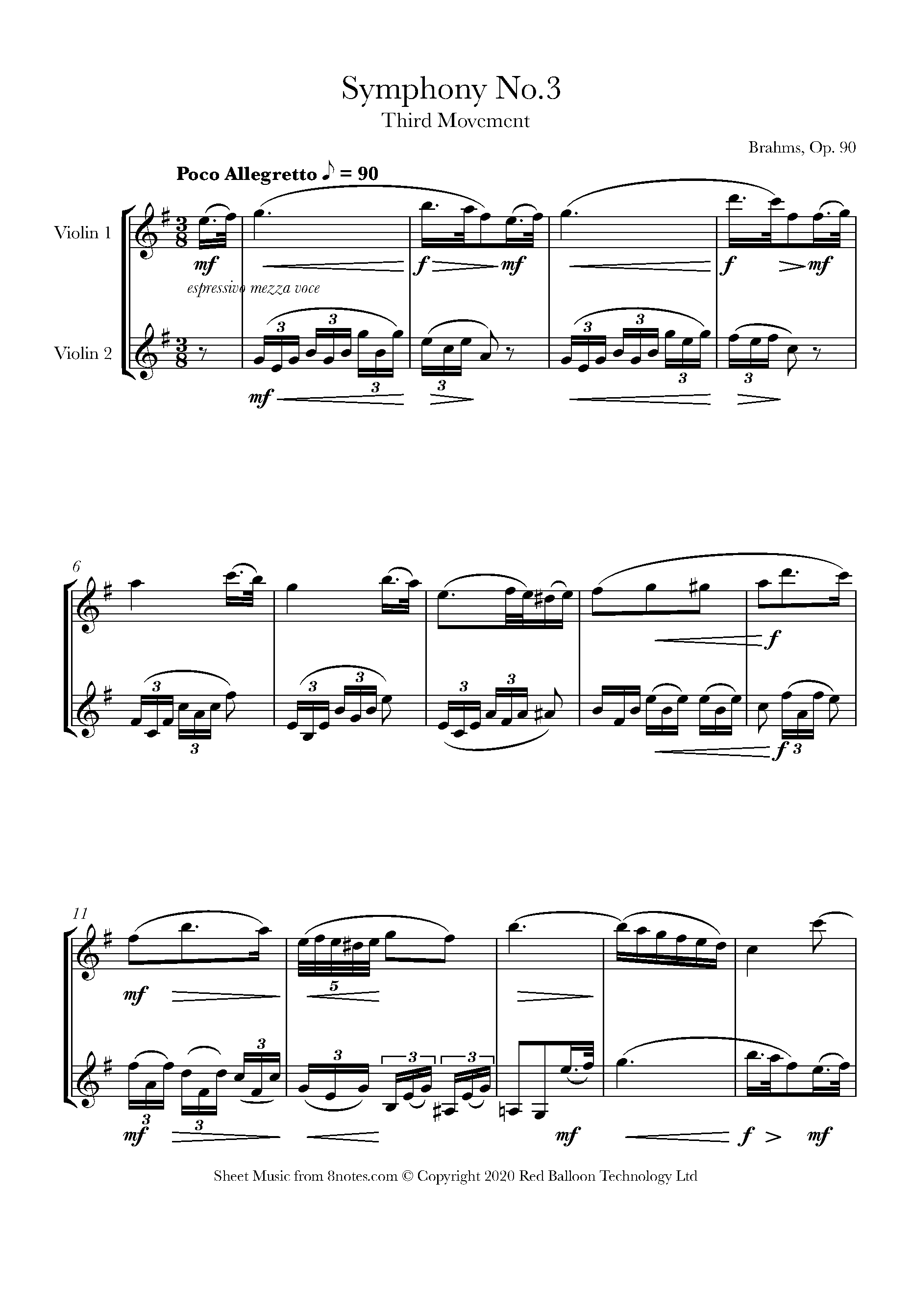 Brahms Symphony No.3 Third Movement Poco Allegretto (Extract) Sheet