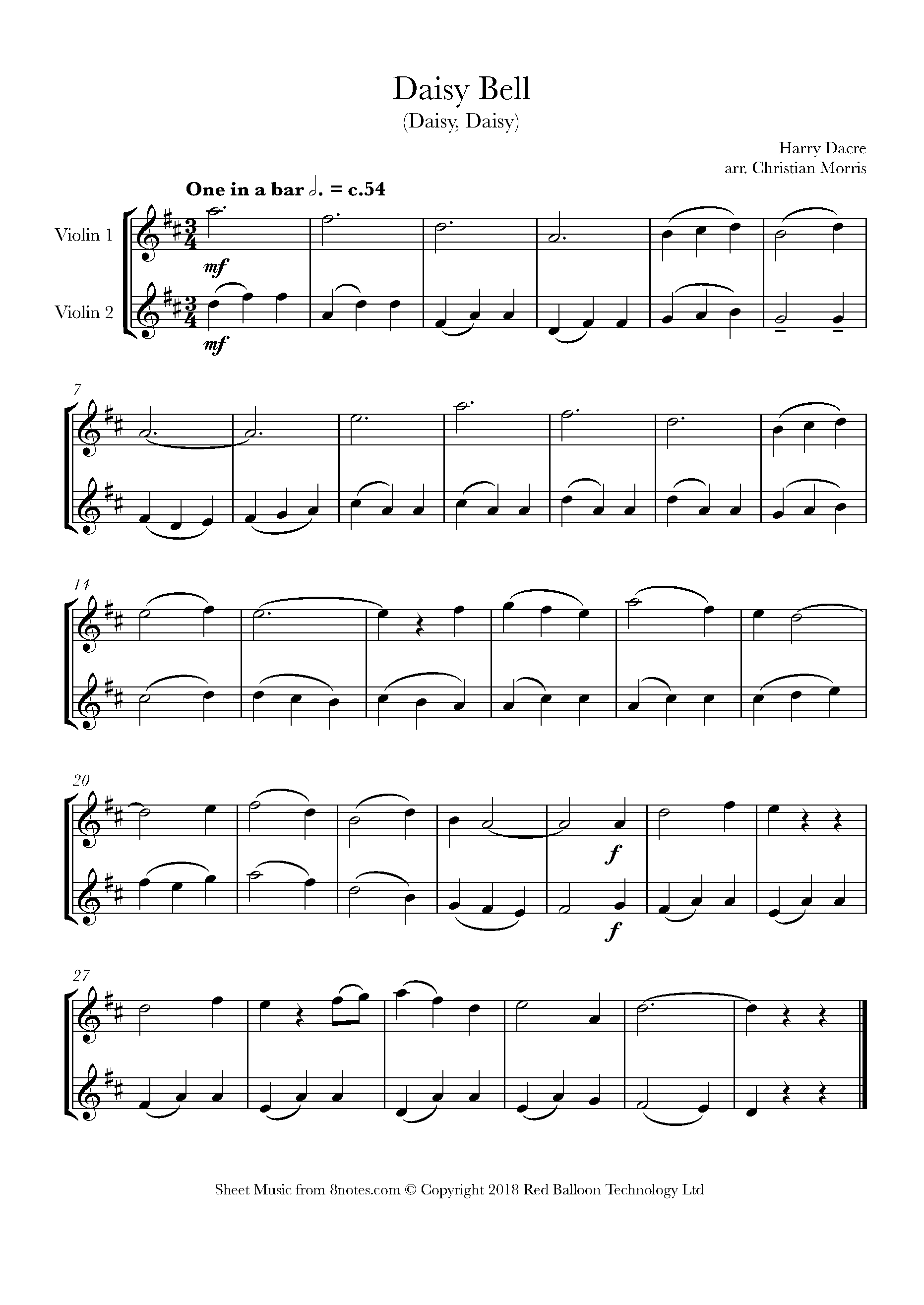 Harry Dacre Daisy Bell (Daisy, Daisy) Sheet music for Violin Duet