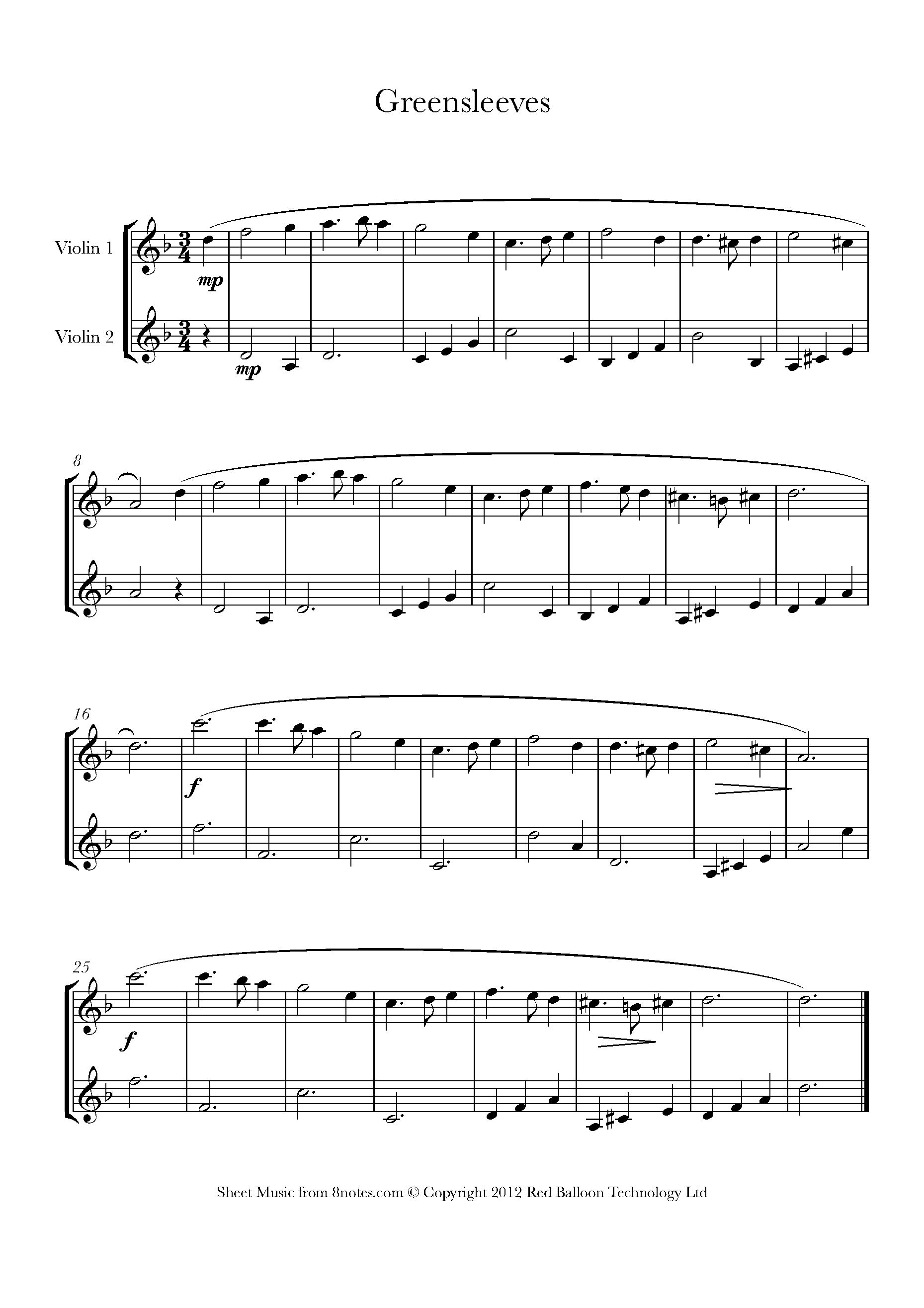 Greensleeves Sheet music for Violin Duet